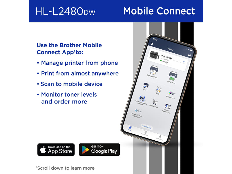 Brother HL-L2480DW Compact Wireless Black & White Laser Printer, Copy & Scan, Refresh Subscription Ready