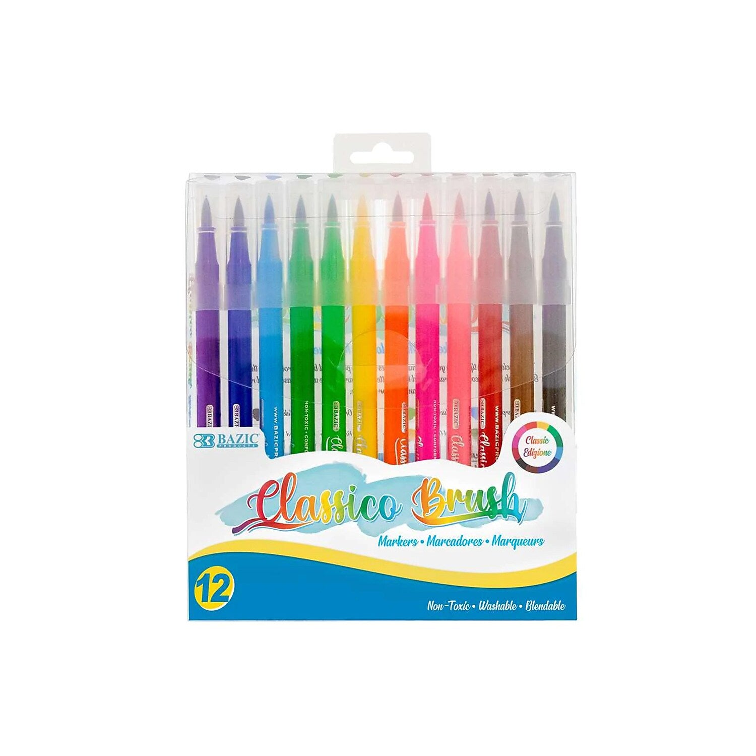 Bazic Washable Water Based Water-Based Marker, Brush, Assorted Colors, 12/Pack, 3 Packs/Bundle (BAZ1277-3)