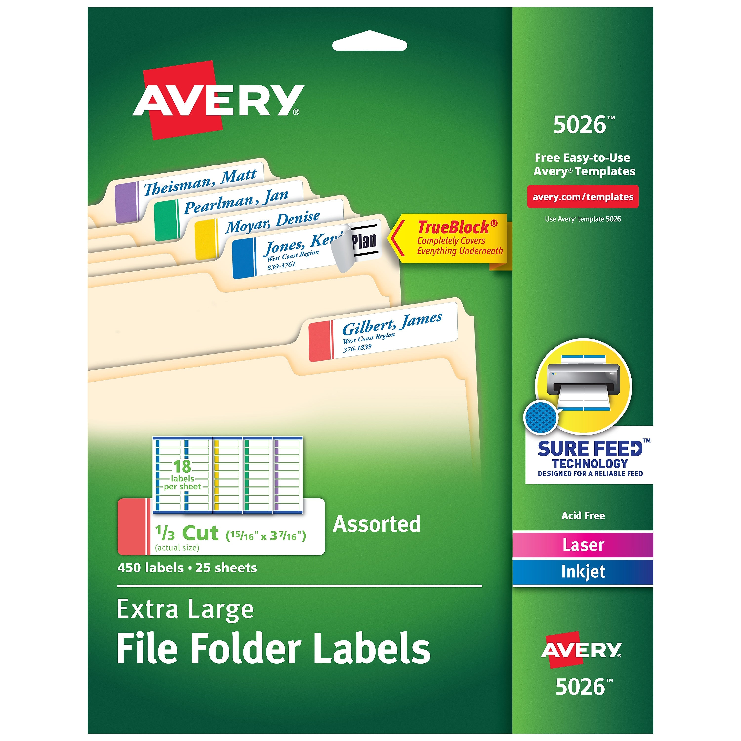 Avery TrueBlock Laser/Inkjet Extra Large File Folder Labels, 15/16" x 3-7/16", Assorted Colors, 450 Labels/Pack (5026)