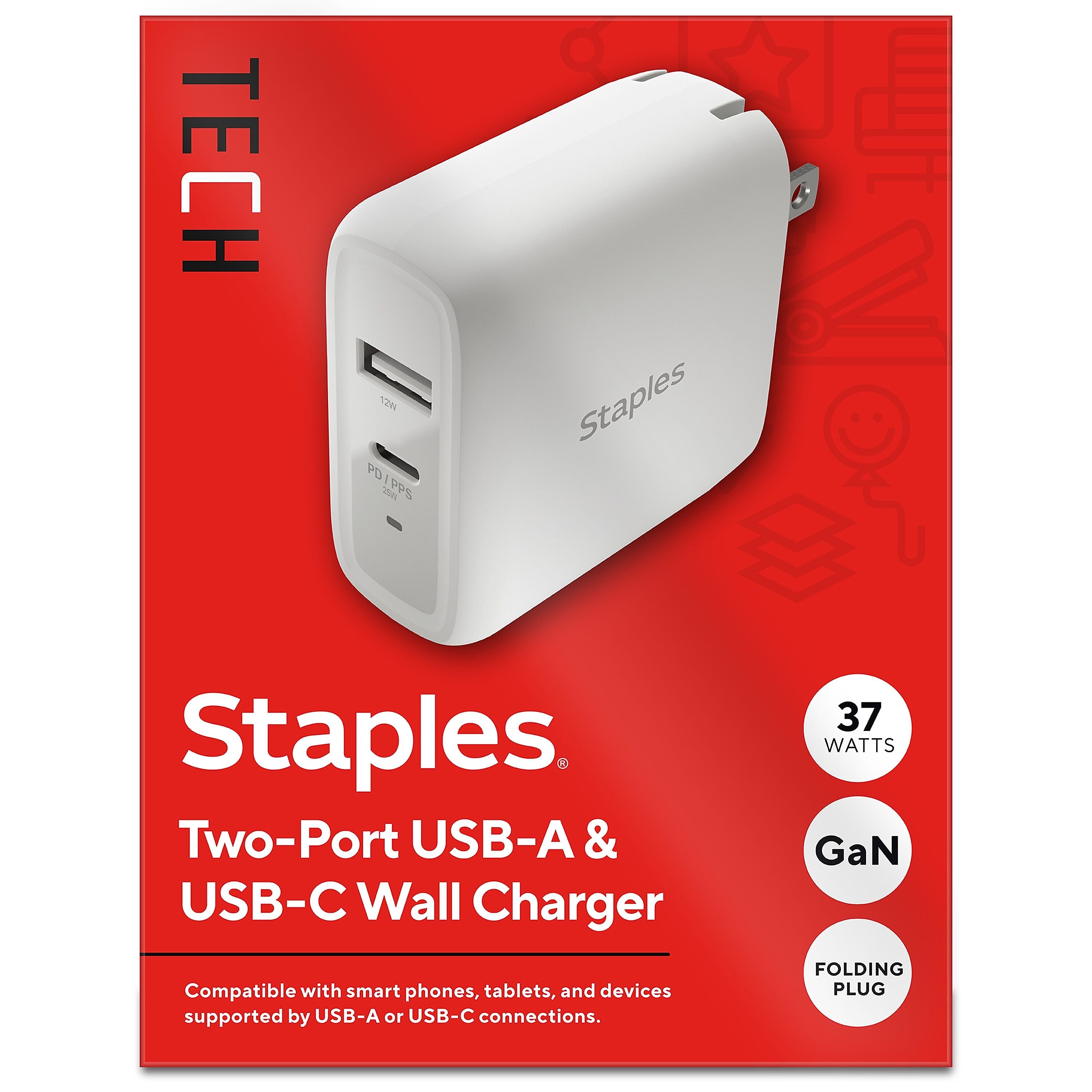 Staples TECH GaN USB-A/USB-C Wall Charger, 37W, White (ST62324-CC)