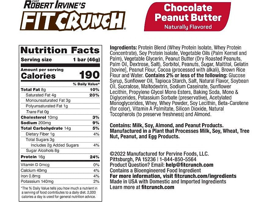 FITCRUNCH Gluten-Free Chocolate Peanut Butter High-Protein Baked Bar, 1.62 oz., 9 Bars/Box (FC201E)