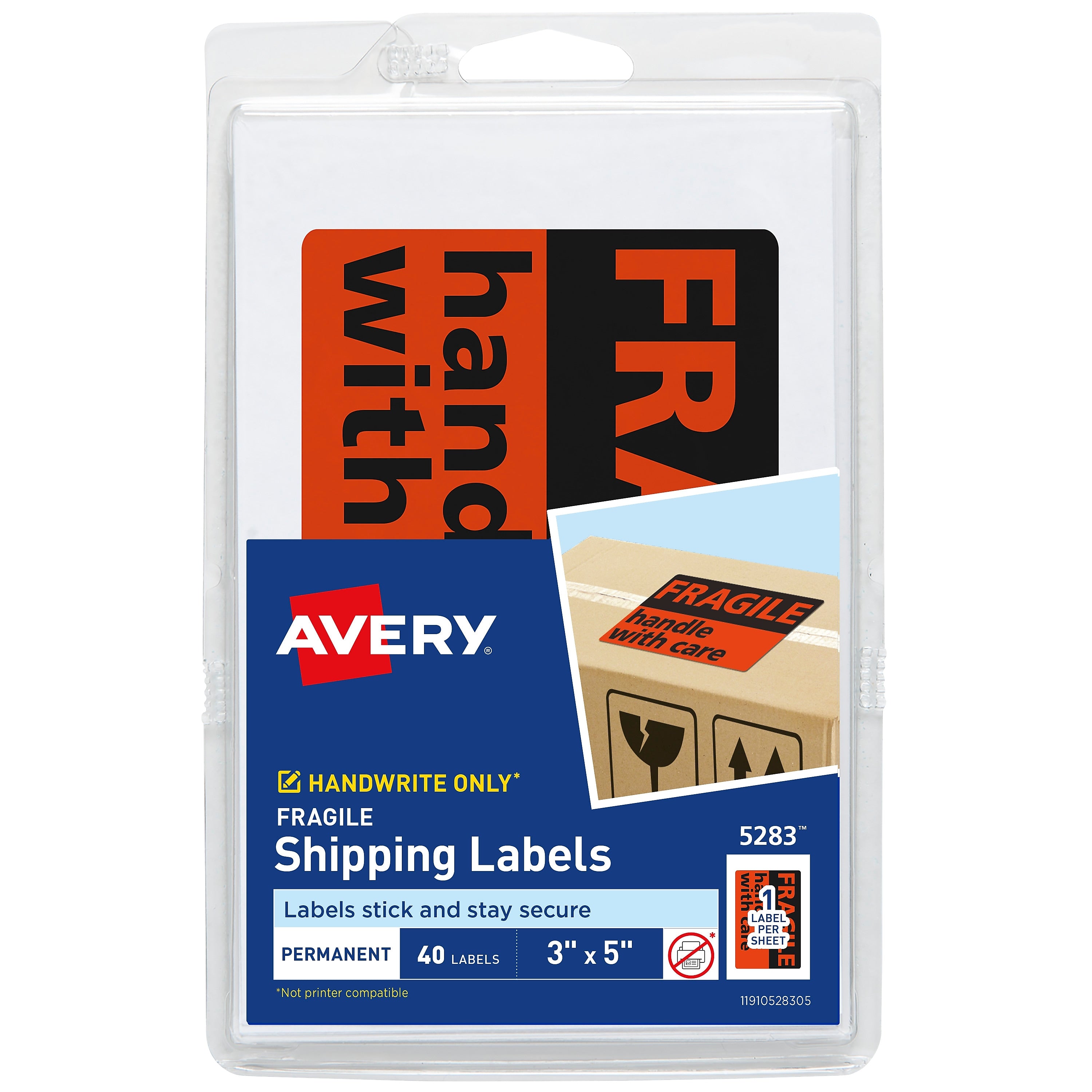 Avery "Fragile Handle with Care" Shipping Labels, Black/Neon Red, 3" x 5", 40/Pack (5283)