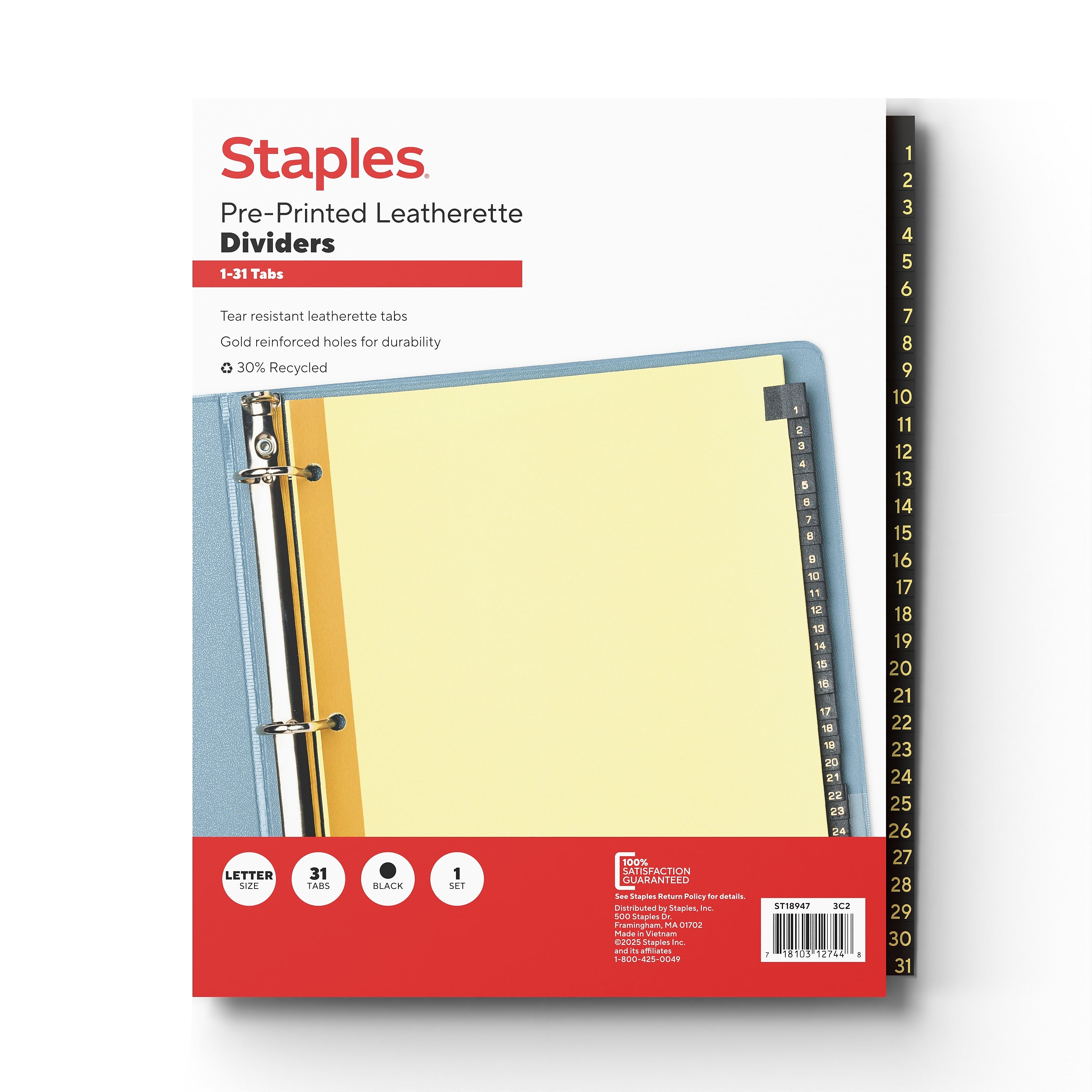 Staples Pre-Printed Leatherette Dividers, 1-31-Tabs, Black (18947/11485)