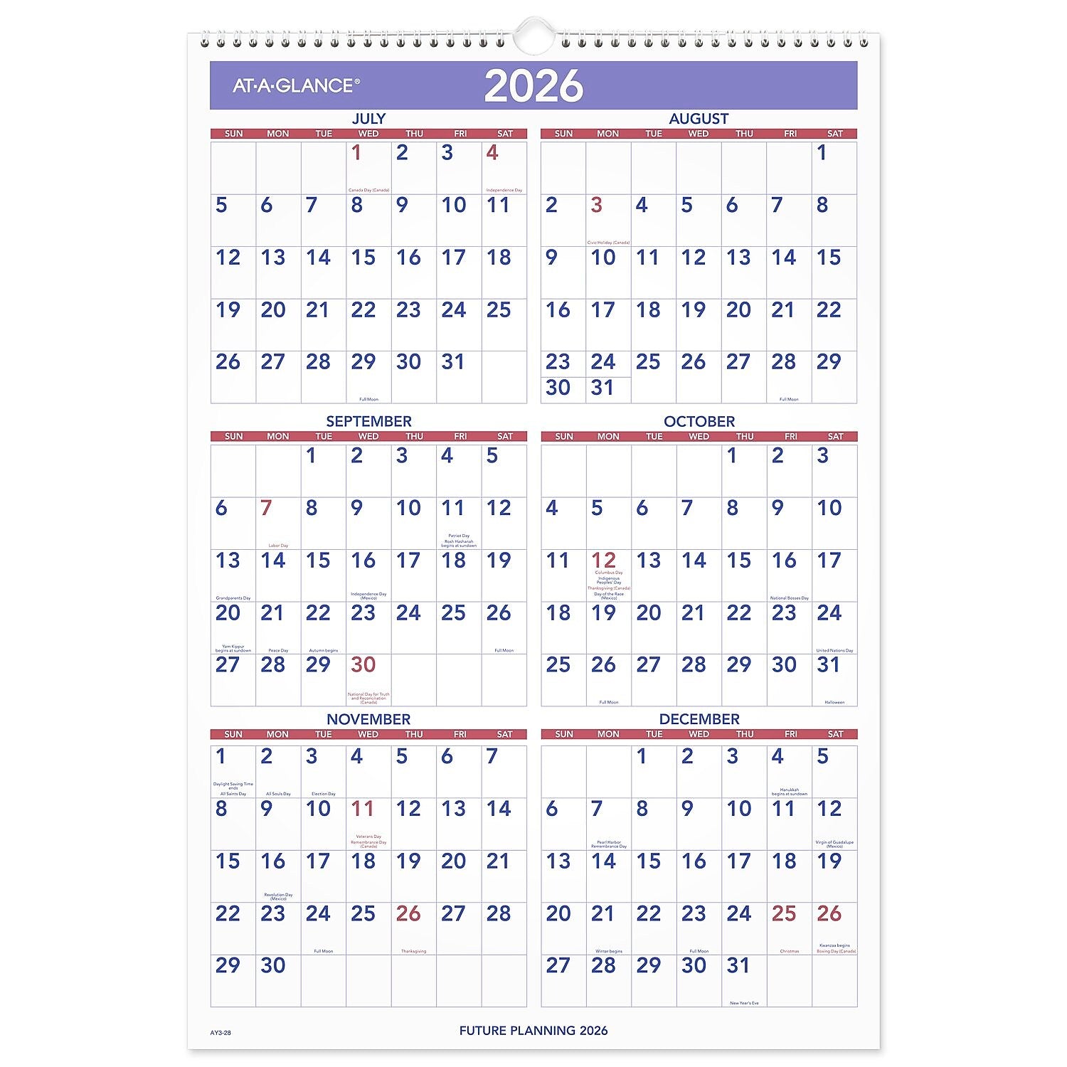 2025-2026 AT-A-GLANCE 15.5" x 22.75" Academic Monthly Wall Calendar, Purple/Red (AY3-28-26)