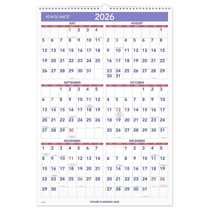2025-2026 AT-A-GLANCE 15.5" x 22.75" Academic Monthly Wall Calendar, Purple/Red (AY3-28-26)