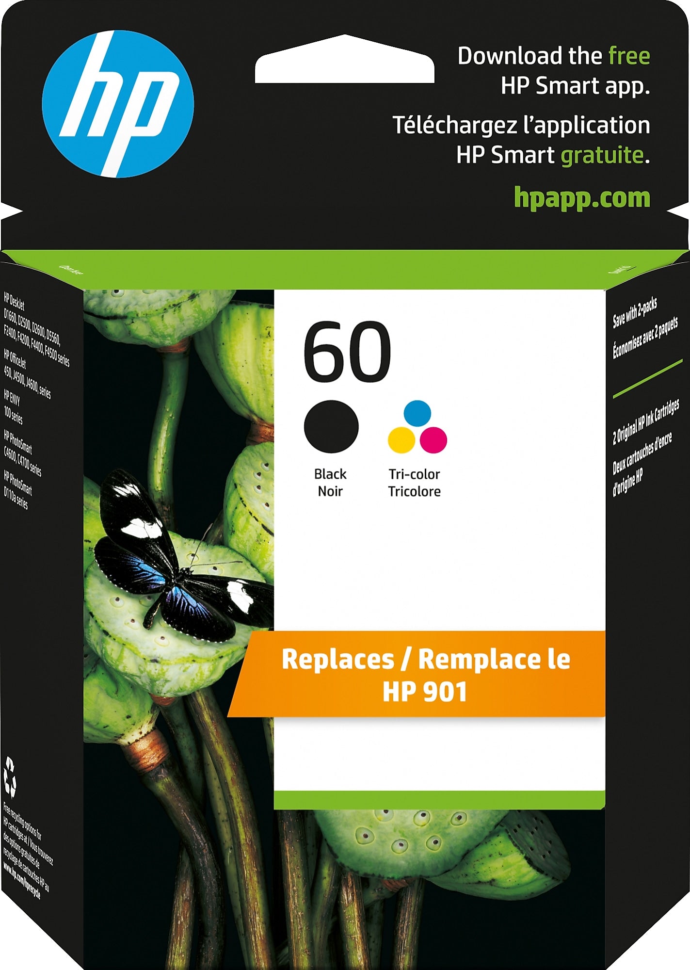 HP 60 Black/Tri-Color Standard Yield Ink Cartridge, 2/Pack (N9H63FN#140)