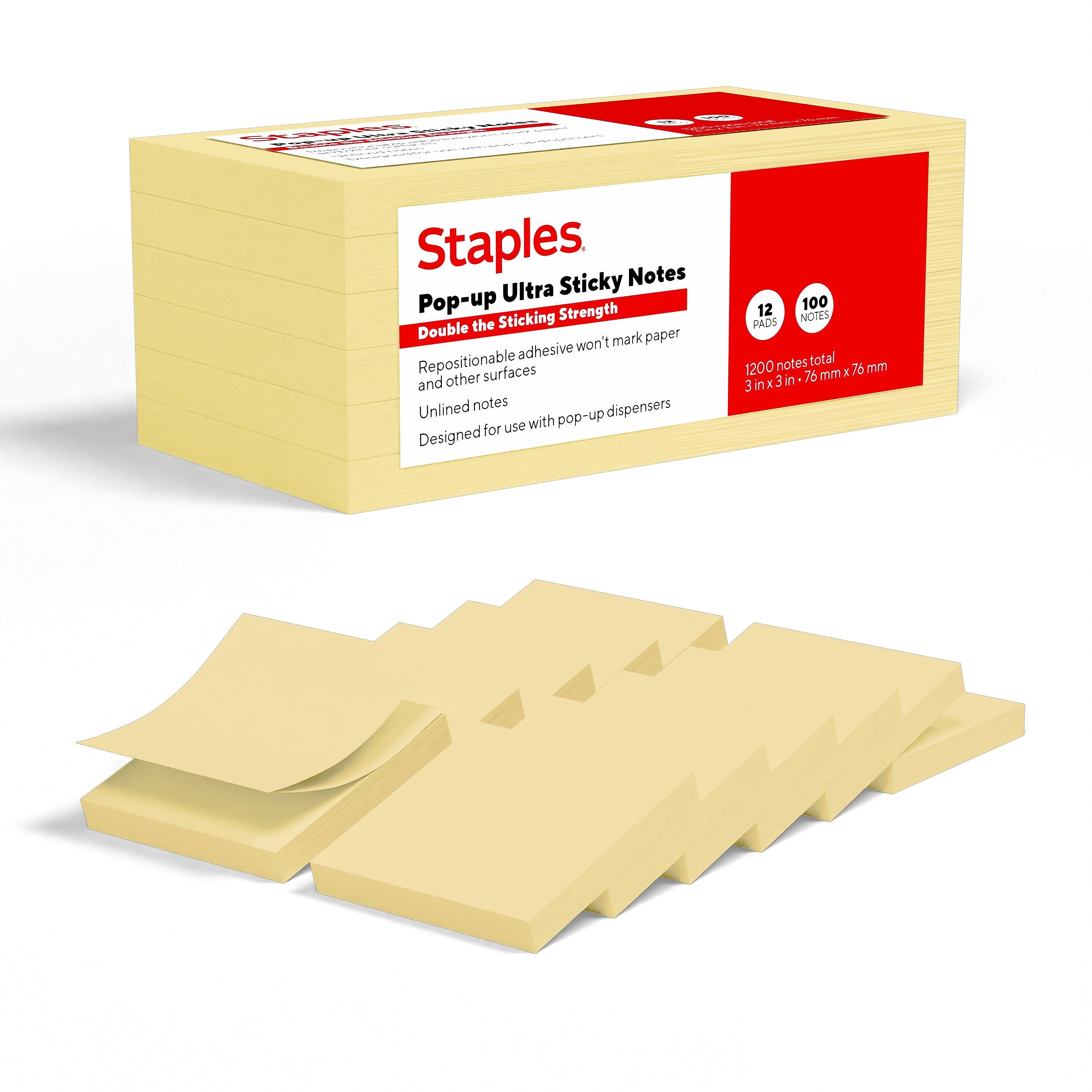 Staples Pop-up Ultra Sticky Notes, 3" x 3", Sunshine Collection, 100 Sheets/Pad, 12 Pads/Pack (ST62896)