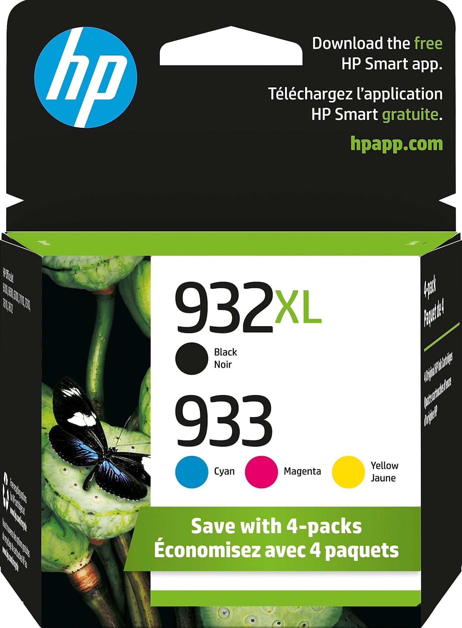 HP 932XL/933 Black High Yield and Cyan/Magenta/Yellow Standard Yield Ink Cartridge, 4/Pack (N9H62FN#140)