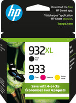 HP 932XL/933 Black High Yield and Cyan/Magenta/Yellow Standard Yield Ink Cartridge, 4/Pack (N9H62FN#140)