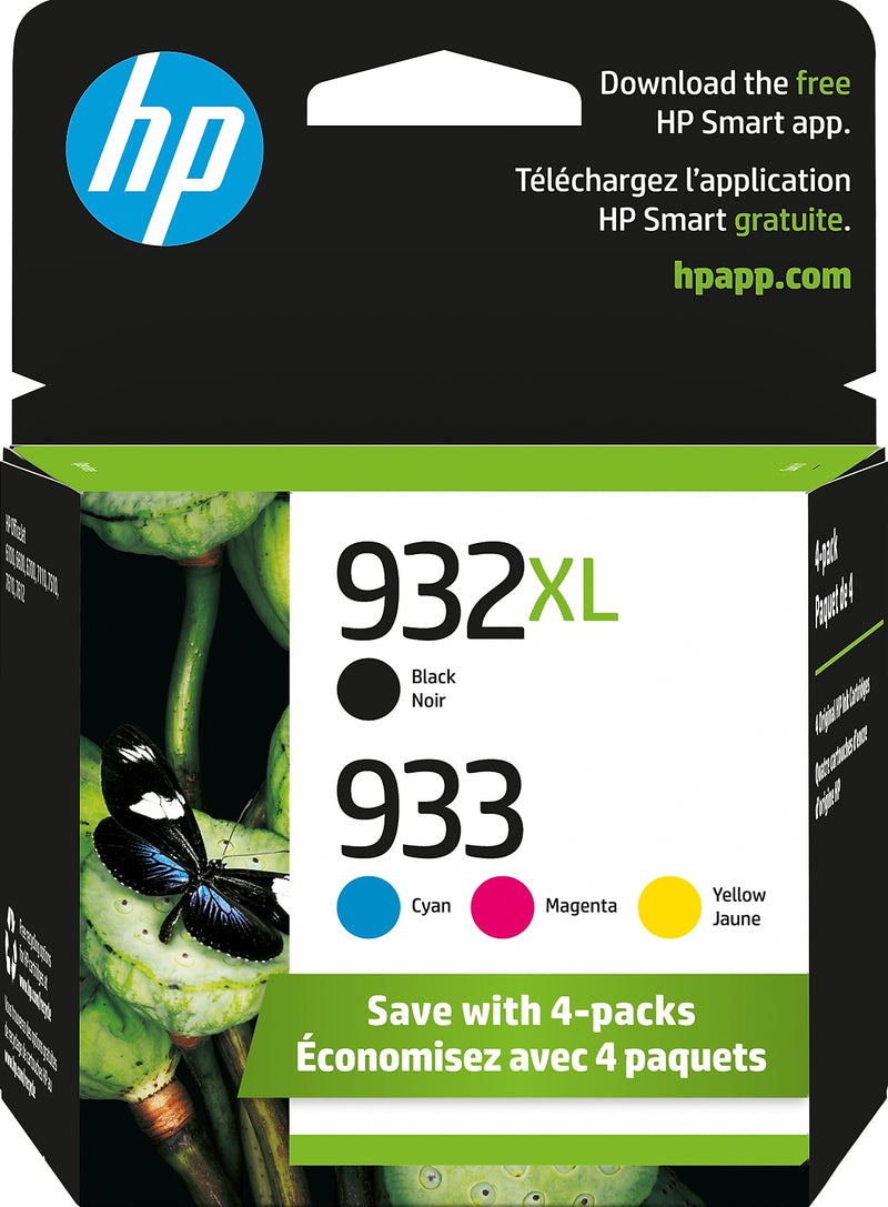 HP 932XL/933 Black High Yield and Cyan/Magenta/Yellow Standard Yield Ink Cartridge, 4/Pack (N9H62FN#140)