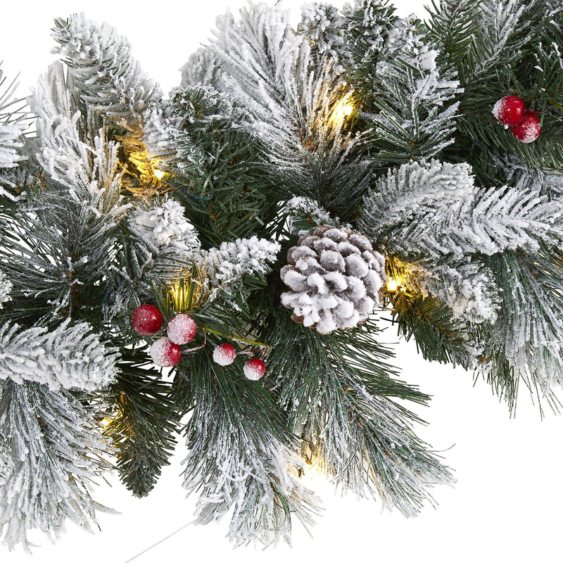 Nearly Natural 6-ft Flocked Mixed Pine Artificial Christmas Garland with 50 LED Lights, Pine Cones and Berries (W1130)