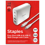 Staples TECH GaN USB-A/USB-C Wall Charger with Cable, 100W, White (ST62314)