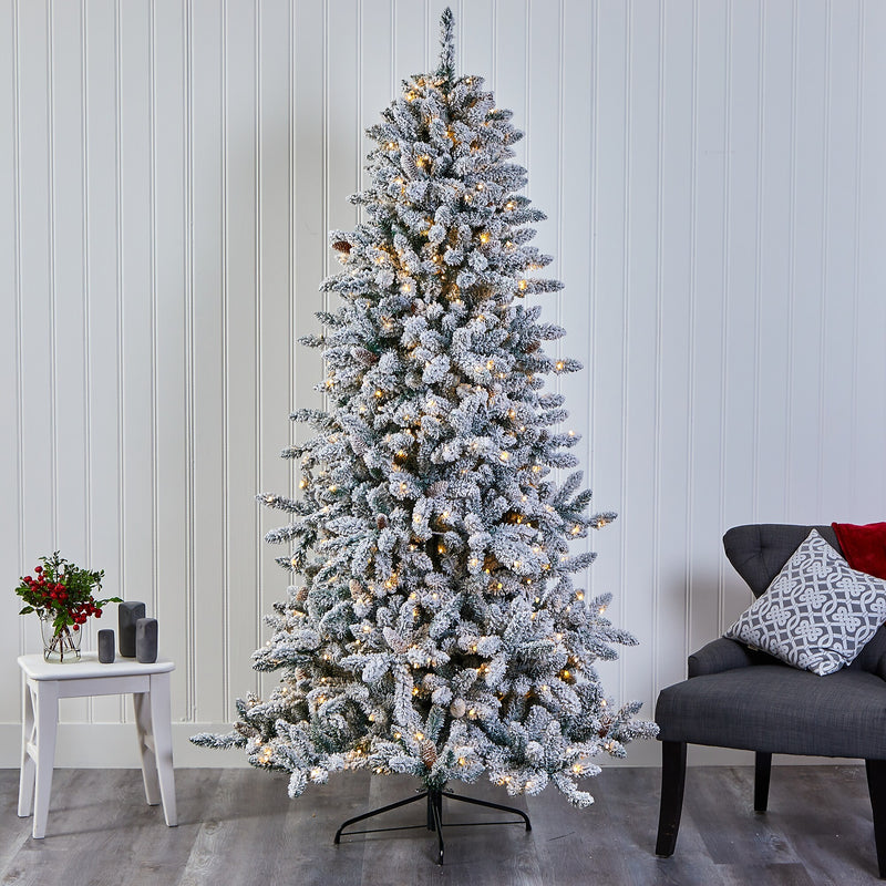 Nearly Natural 7.5-ft Flocked Livingston Fir Artificial Christmas Tree with Pine Cones and 500 Clear Warm LED Lights (T1613)