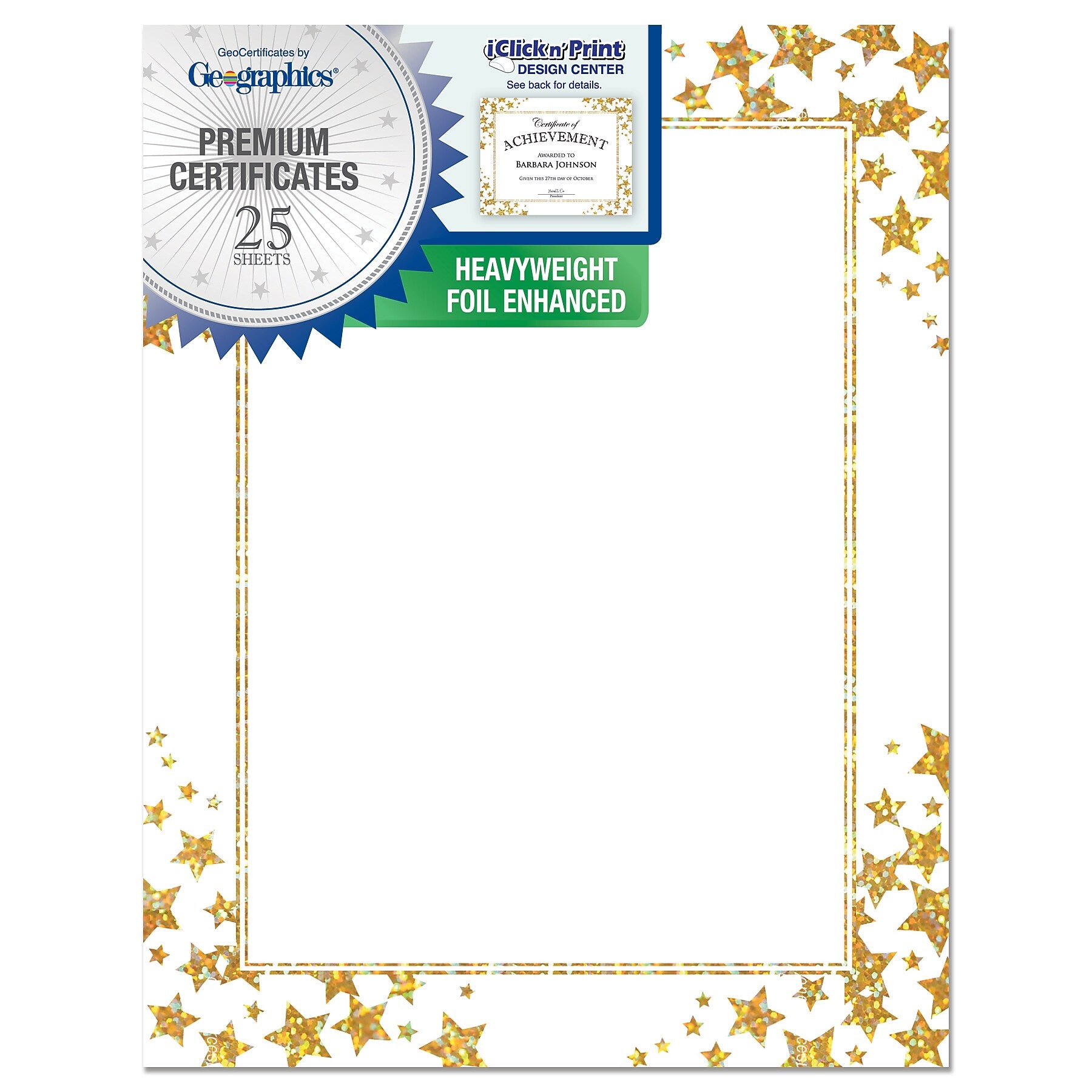 Royal Consumer Star Halographic Gold Foil Certificate Paper, Gold/White, 25/Pack (GEO49951)
