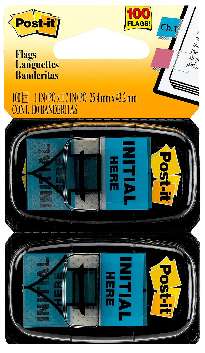 Post-it 'Initial Here' Message Flags, 1" Wide, Blue, 100 Flags/Pack (680-IH2)