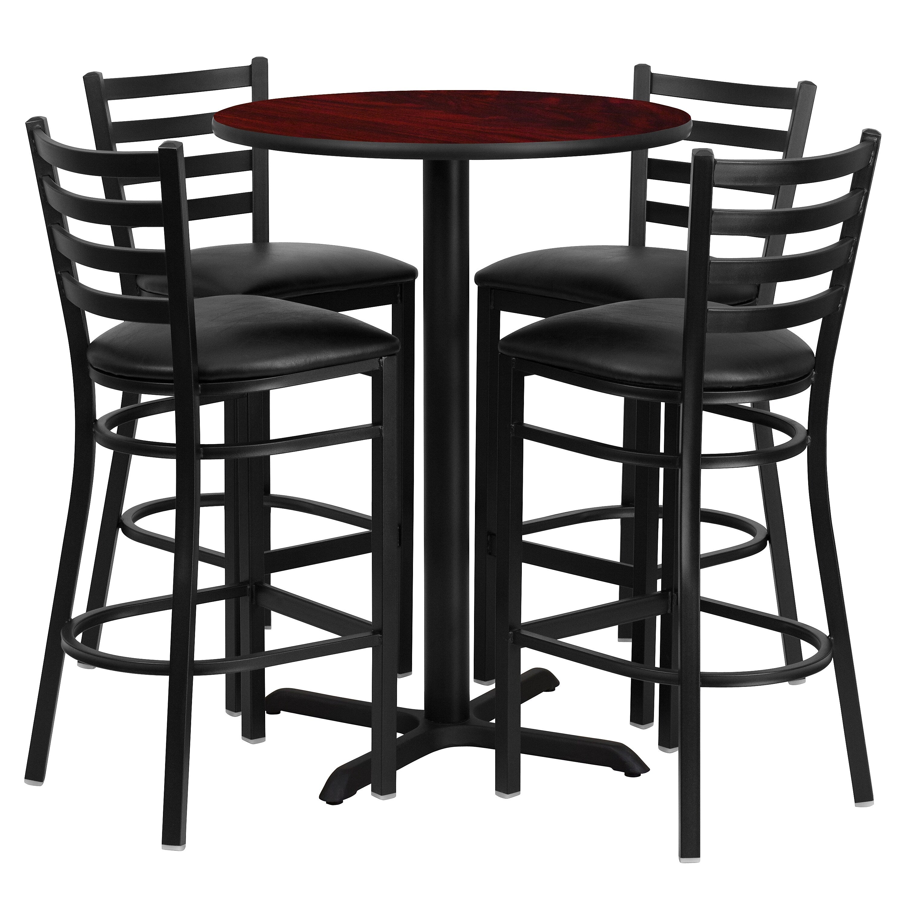 Flash Furniture 30" Mahogany Laminate Table Set With 4 Ladder Back Metal Bar Stools, Black (HDBF1022)