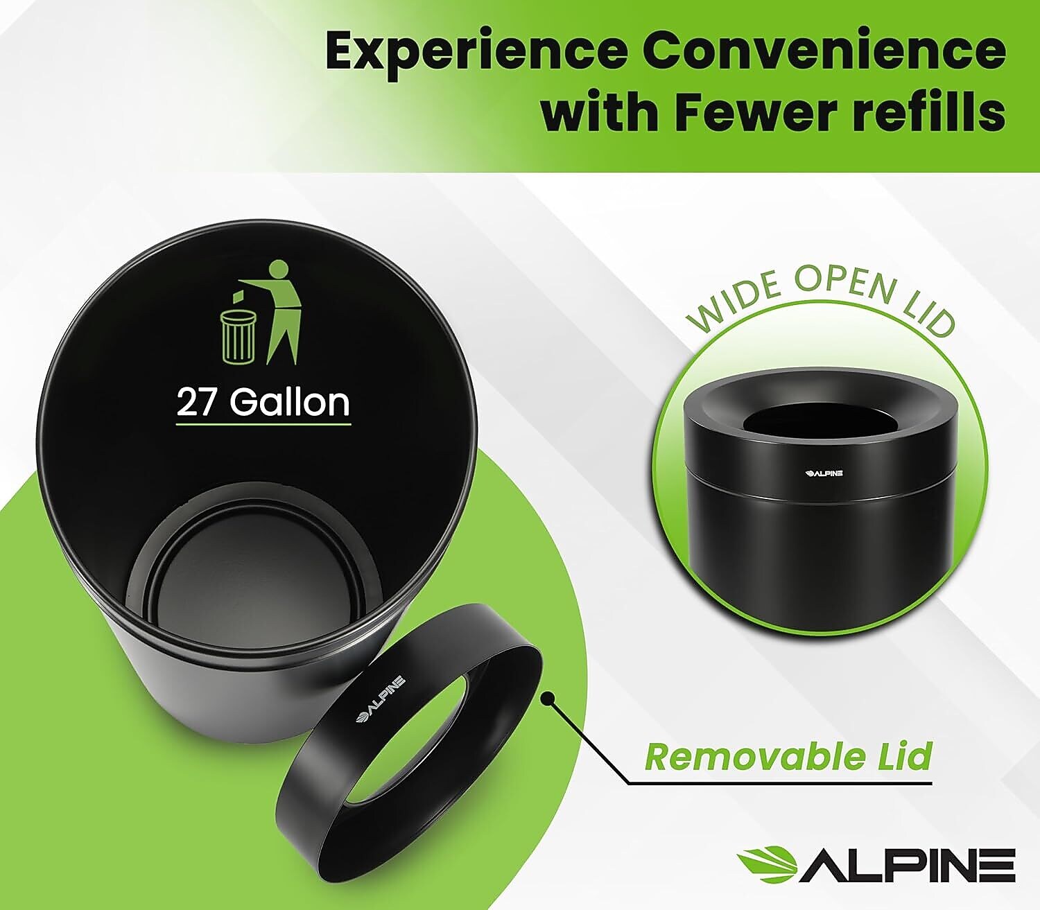 Alpine Industries Stainless Steel Trash Can, 27 Gallon, Black (ALP475-27-BLK)