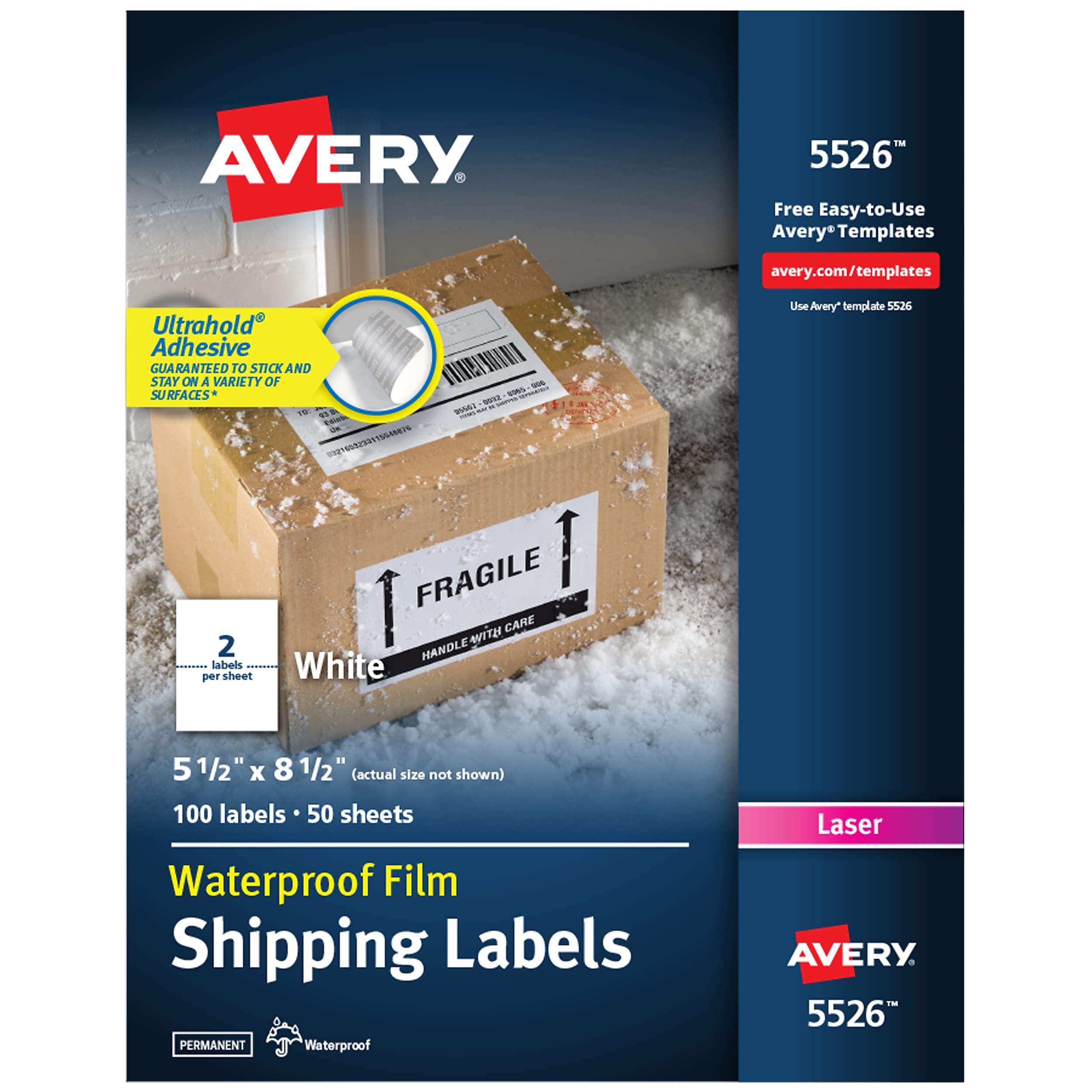 Avery Waterproof Laser Shipping Labels, 5-1/2" x 8-1/2", Matte White, 100 Labels/Box (5526)