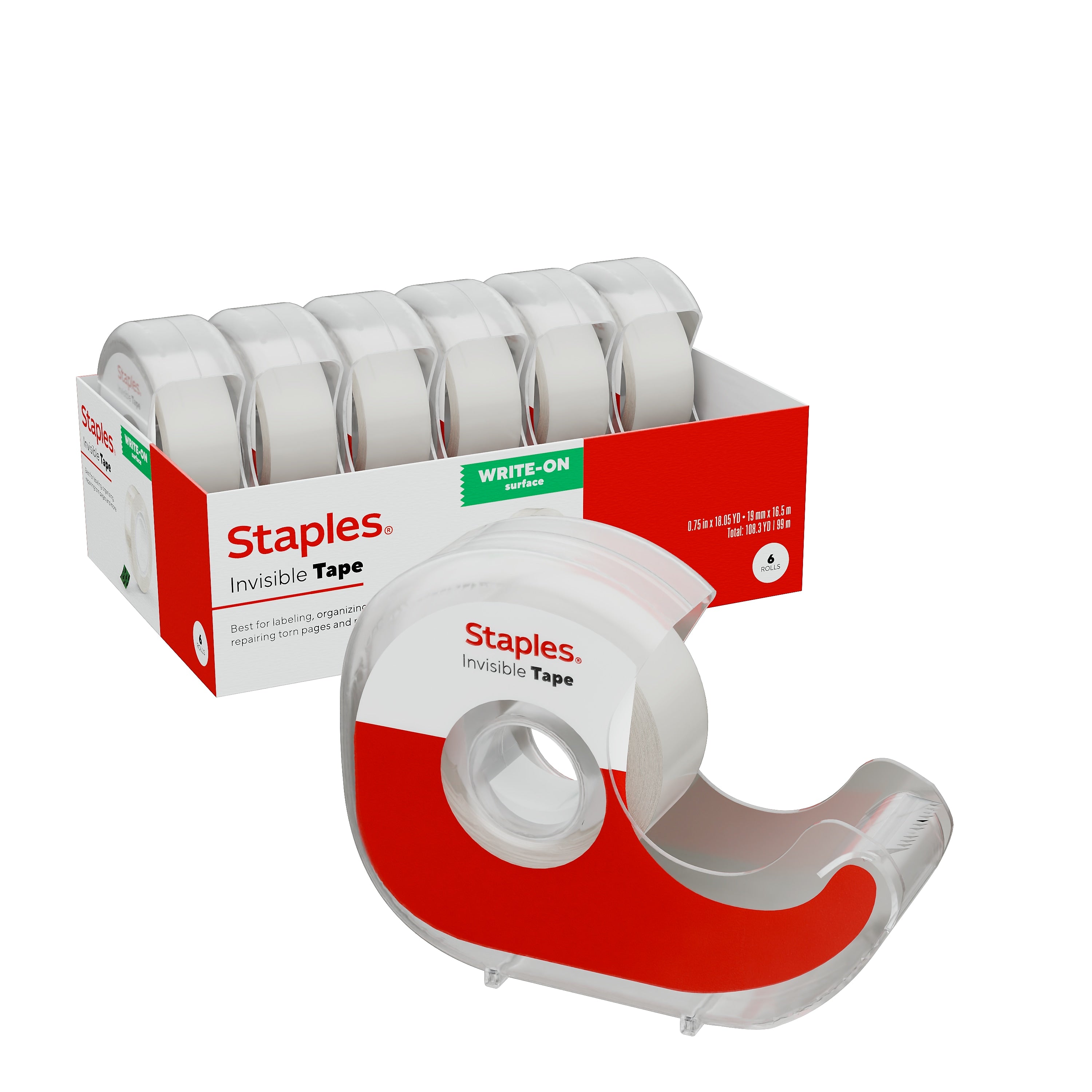 Staples Invisible Tape with Dispenser, 3/4" x 18.05 yds., 6 Rolls/Pack (ST62851)