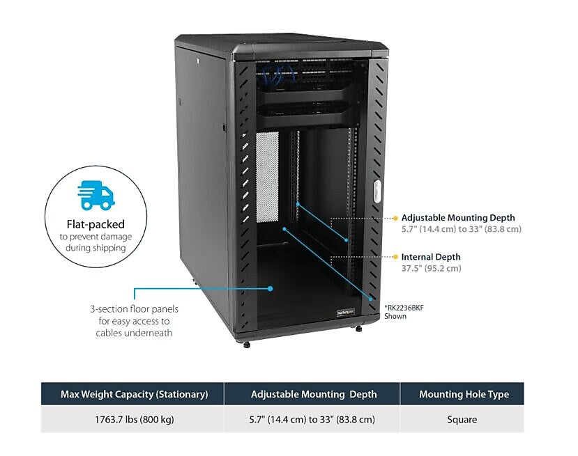 StarTech 4-Post 18U Server Rack Cabinet, Lockable 19" Data Rack Cabinet for Computer (RK1836BKF)