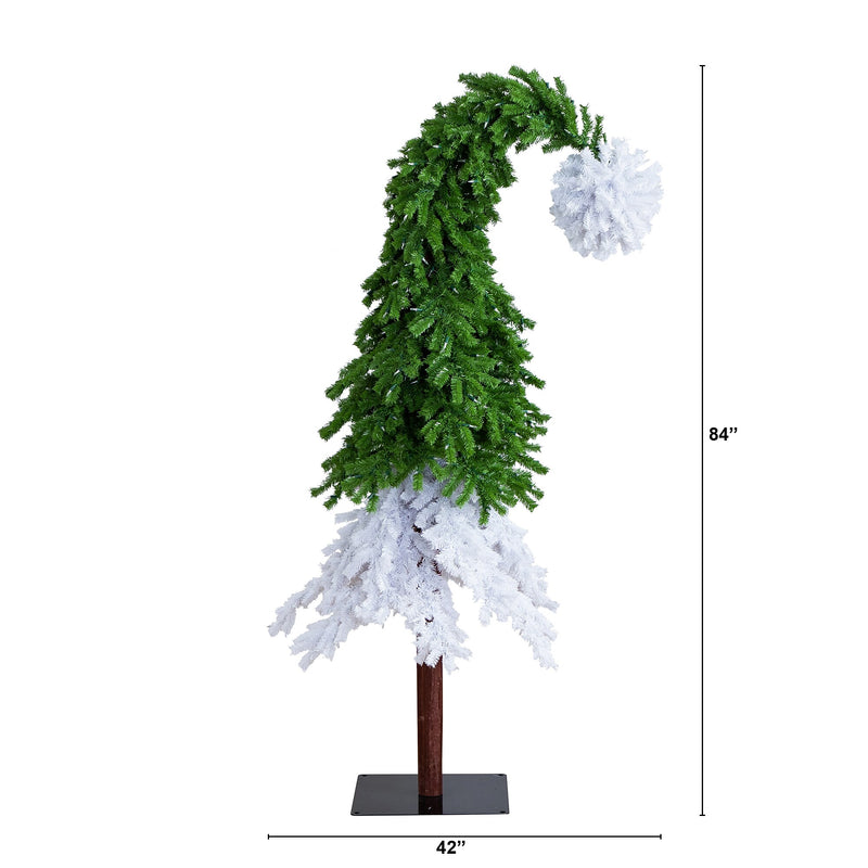 Nearly Natural 7-ft Holiday Green & White Santa’s Hat Christmas Tree with 500 LED lights and 1275 Bendable Branches (T4697)