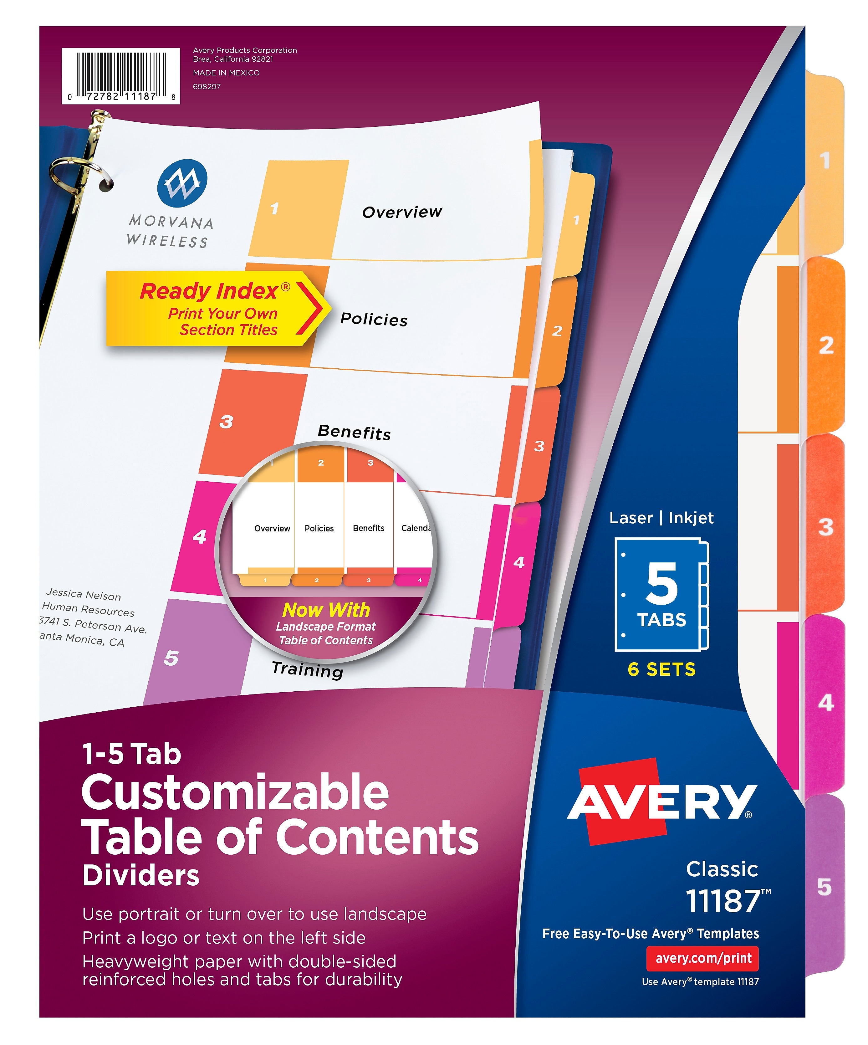 Avery Ready Index Table of Contents Paper Dividers, 1-5 Tabs, Multicolor, 6 Sets/Pack (11187)