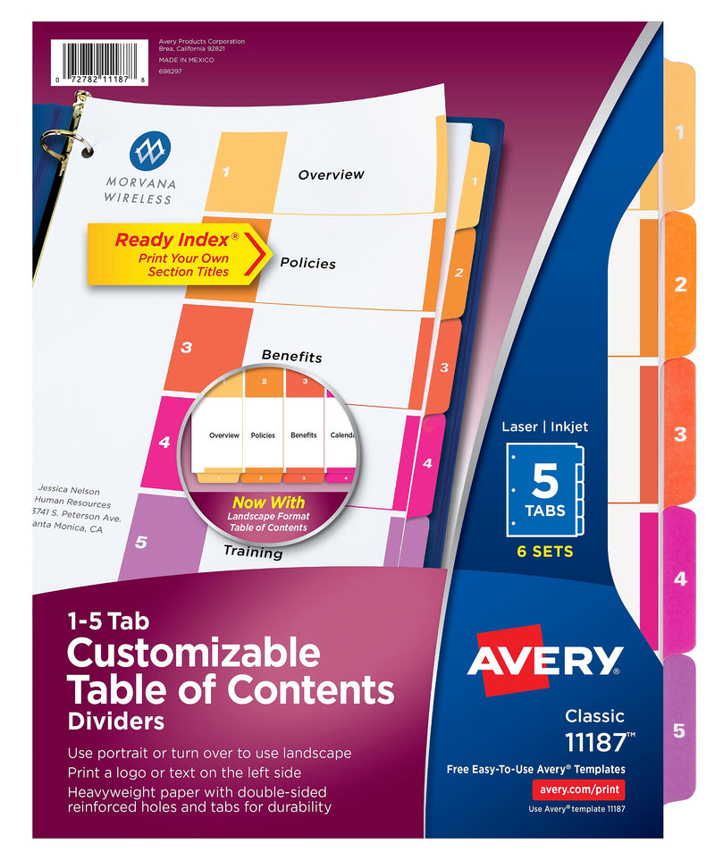 Avery Ready Index Table of Contents Paper Dividers, 1-5 Tabs, Multicolor, 6 Sets/Pack (11187)