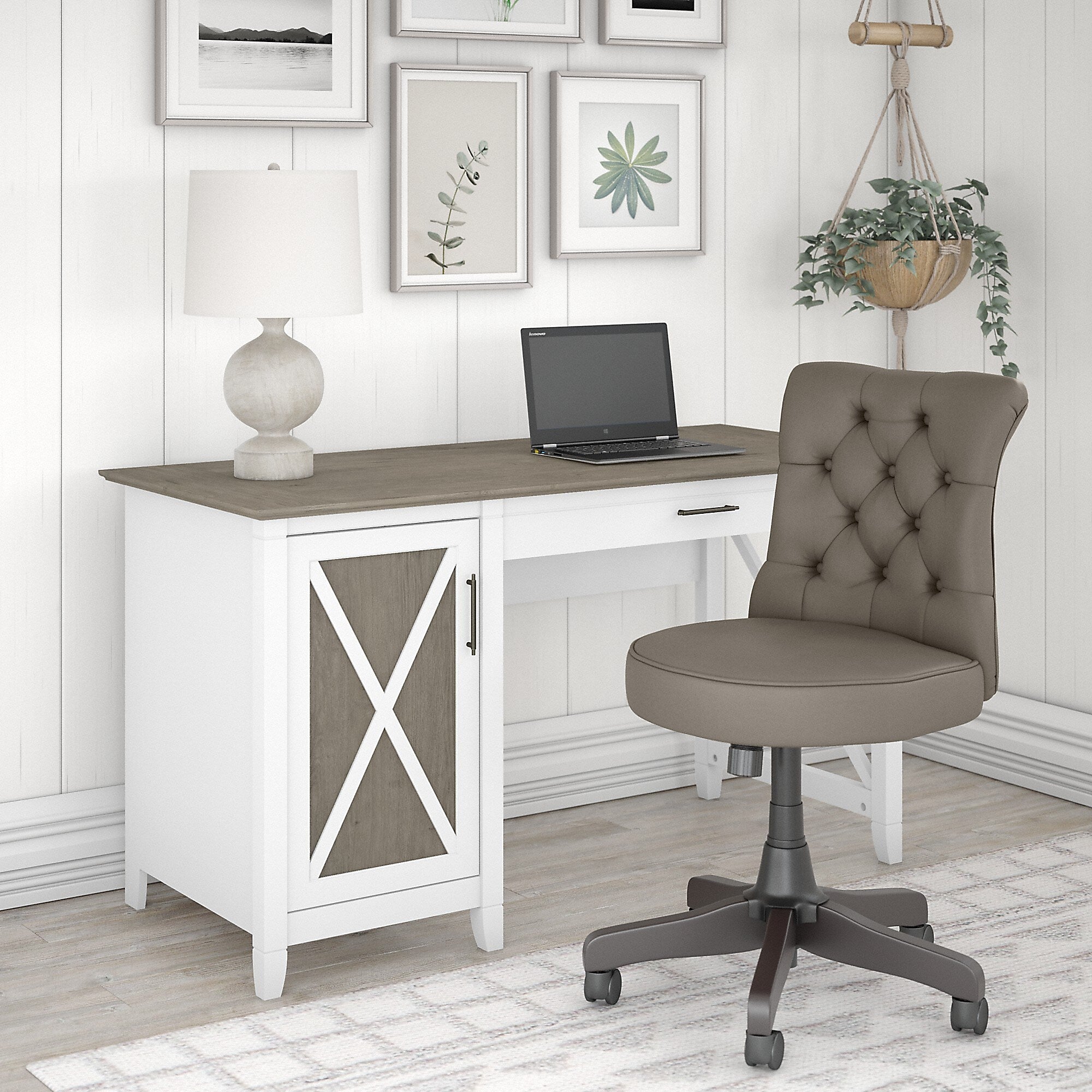Bush Furniture Key West 54"W Computer Desk with Storage and Mid-Back Tufted Office Chair, Shiplap Gray/Pure White (KWS020G2W)