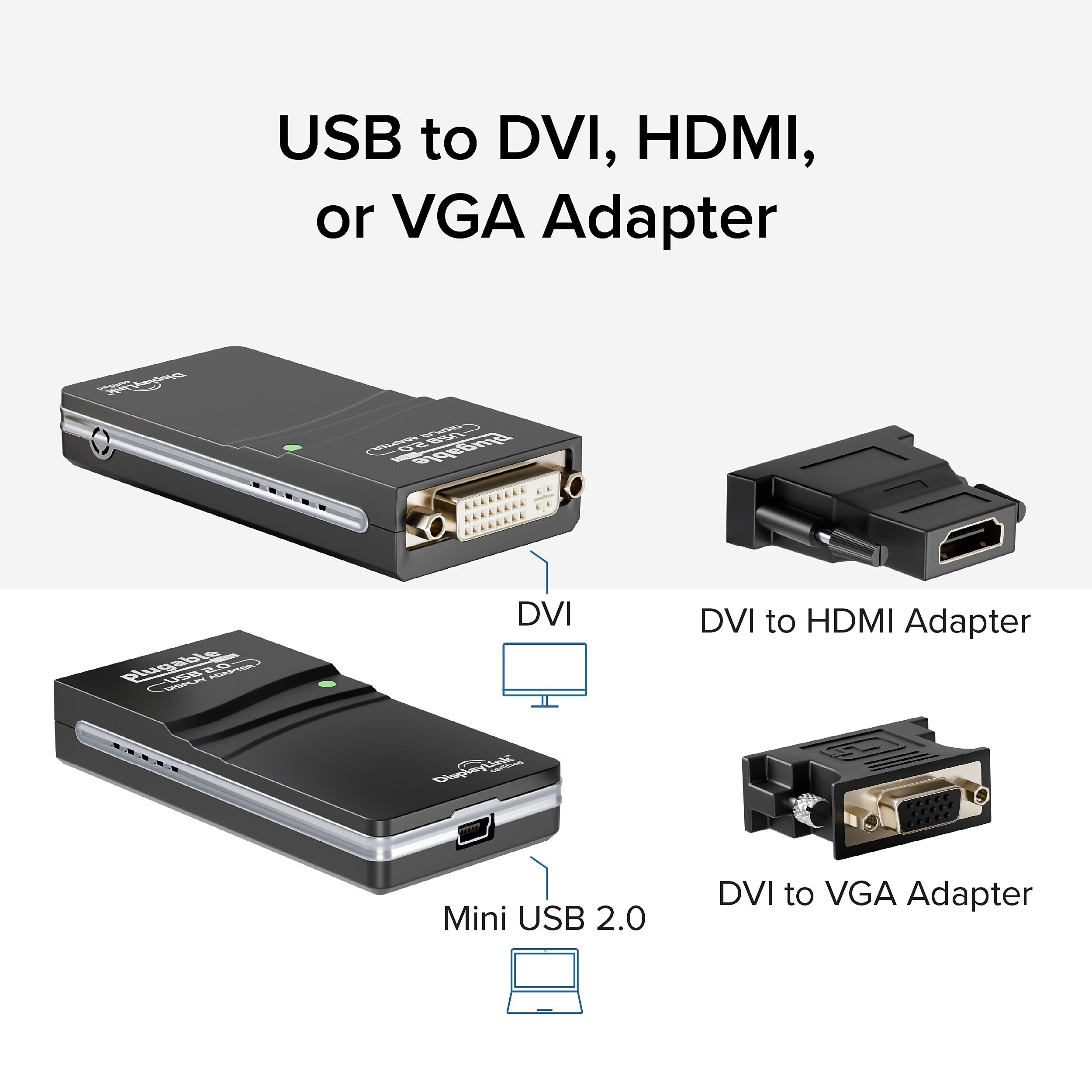 Plugable USB Mini-B to HDMI /DVI/VGA Adapter, Male to Female, Black (UGA-165)