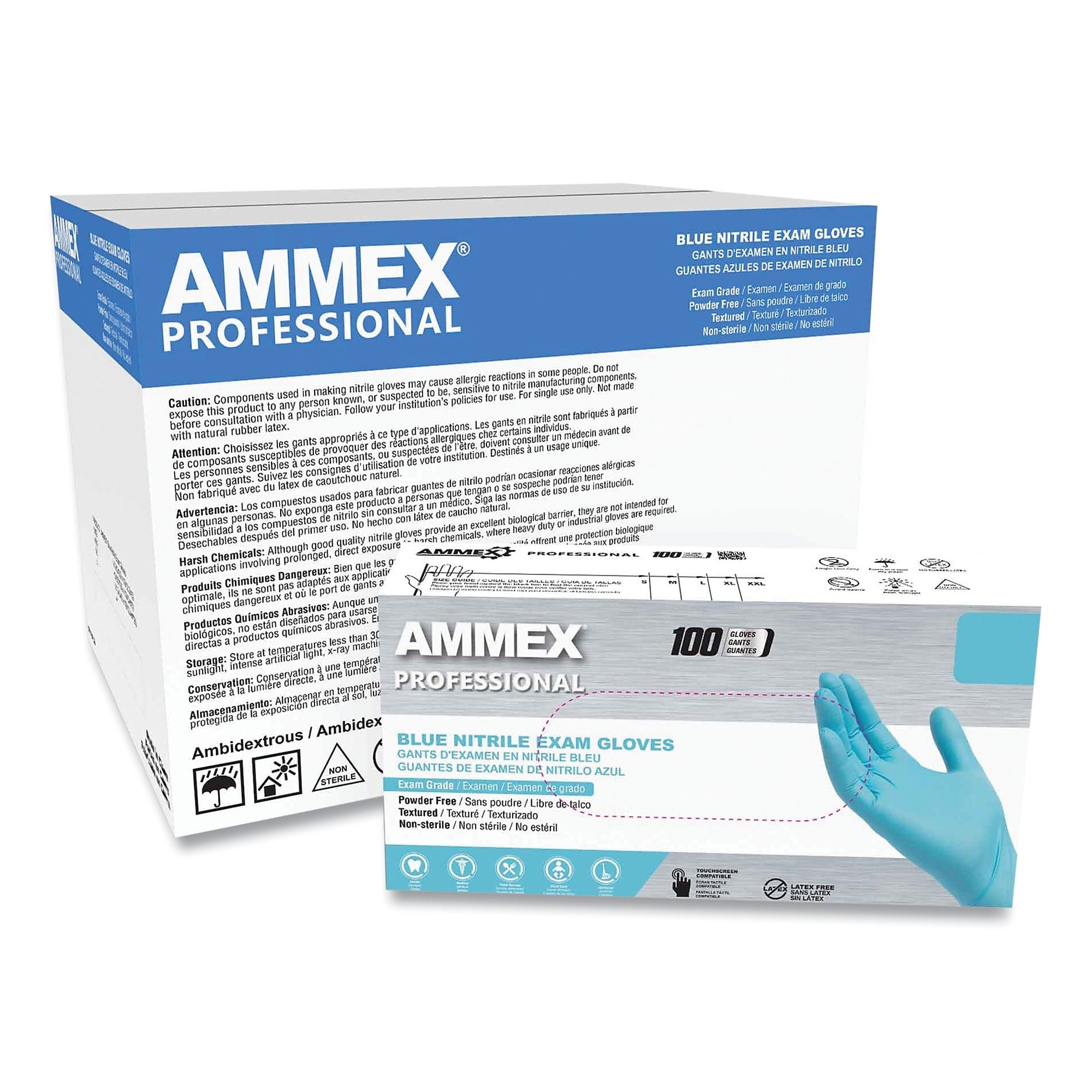 AMMEX Professional Nitrile Exam Gloves, Powder-Free, 3 mil, Medium, Light Blue, 100/Box, 10 Boxes/Carton