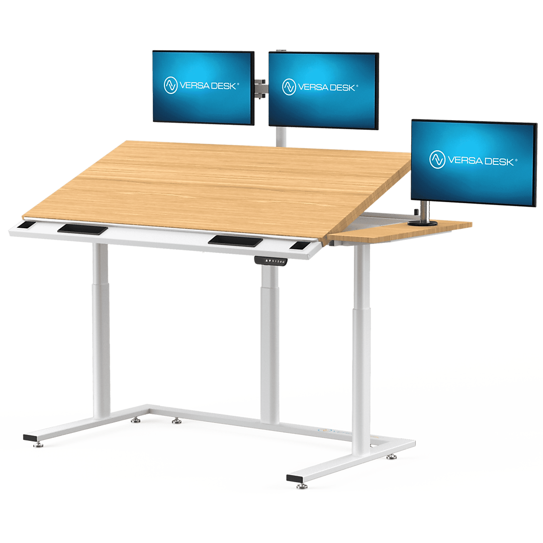 VersaDesk PowerLift Triad 72"W Electric Adjustable Drafting Table, Bamboo/White (TRDT-7230-WNB)