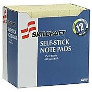 AbilityOne Self-Stick Note Pad, Yellow, 3" x 4", 100 Notes/Pad, 12/Pk