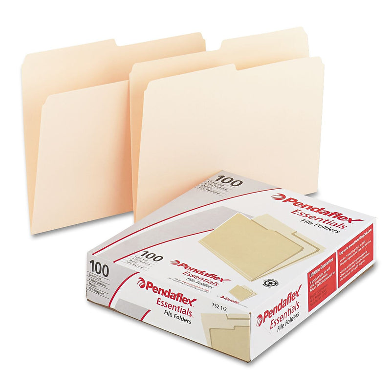 Pendaflex Recycled File Folder, 2/5-Cut Tab, Assorted, Letter Size, Manila, 100/Box (752 1/2)