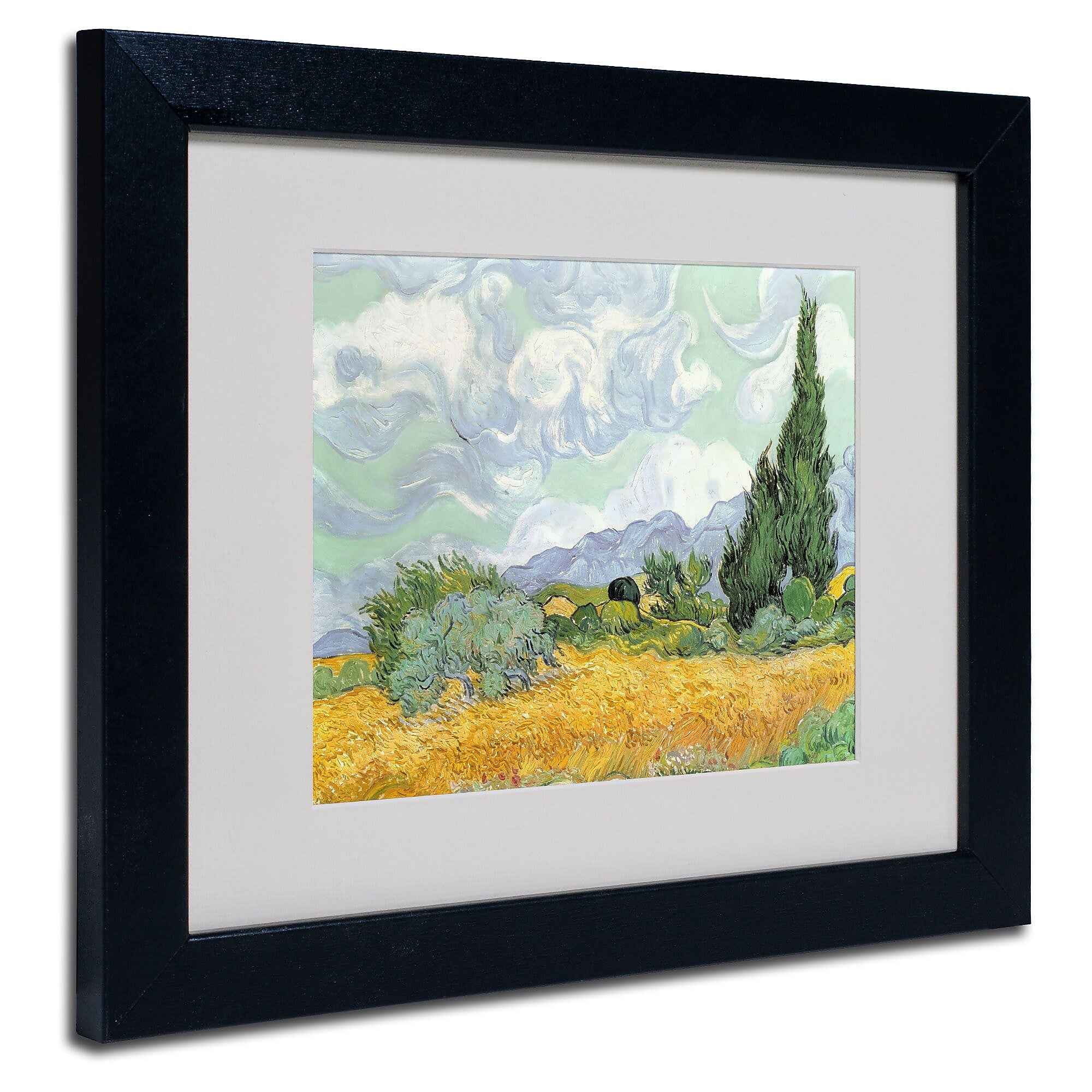 Trademark Fine Art Vincent van Gogh 'Wheatfield with Cypresses 1889' Matted Fr Black Frame 11x14 In