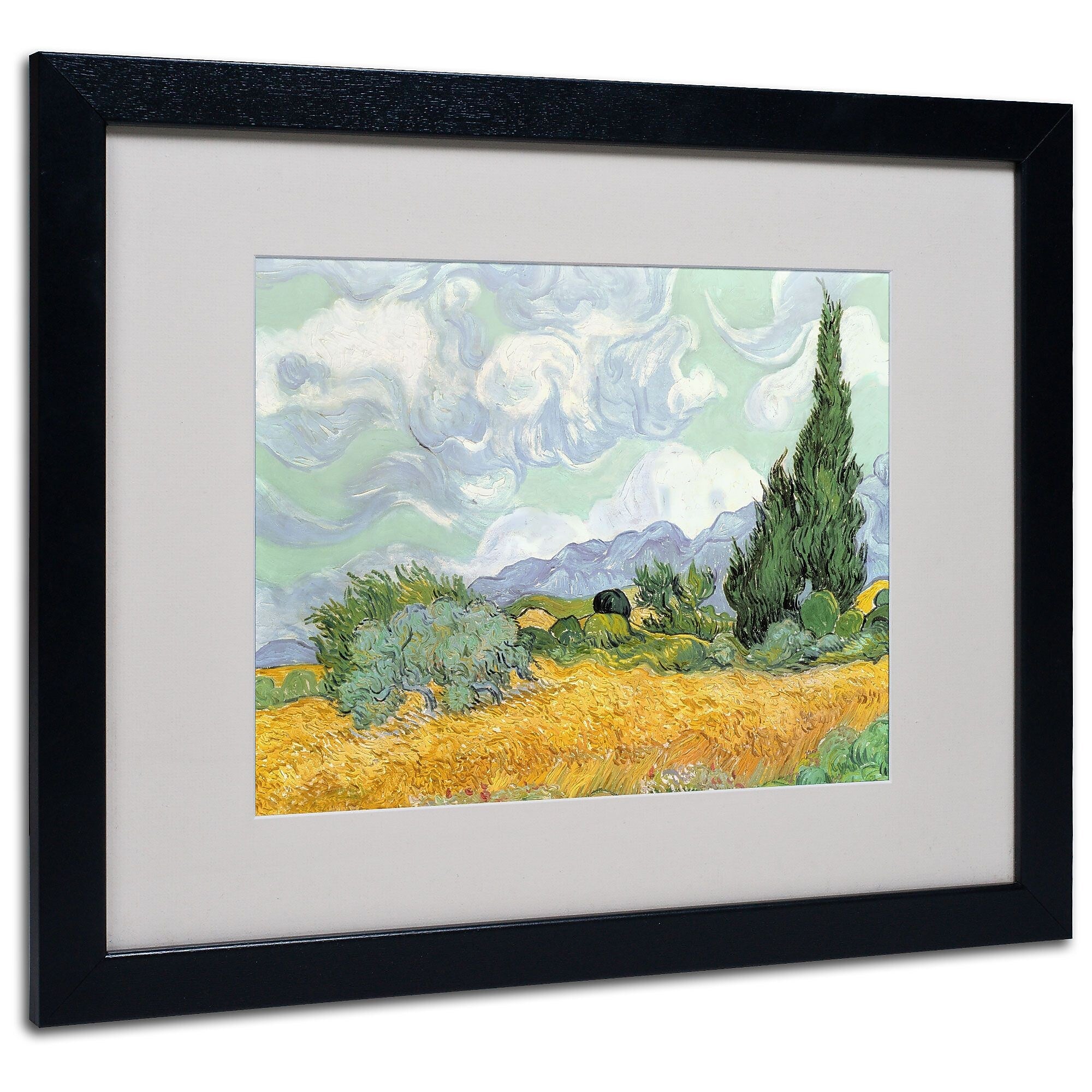 Trademark Fine Art Vincent van Gogh 'Wheatfield with Cypresses 1889' Matted Fr Black Frame 16x20 In