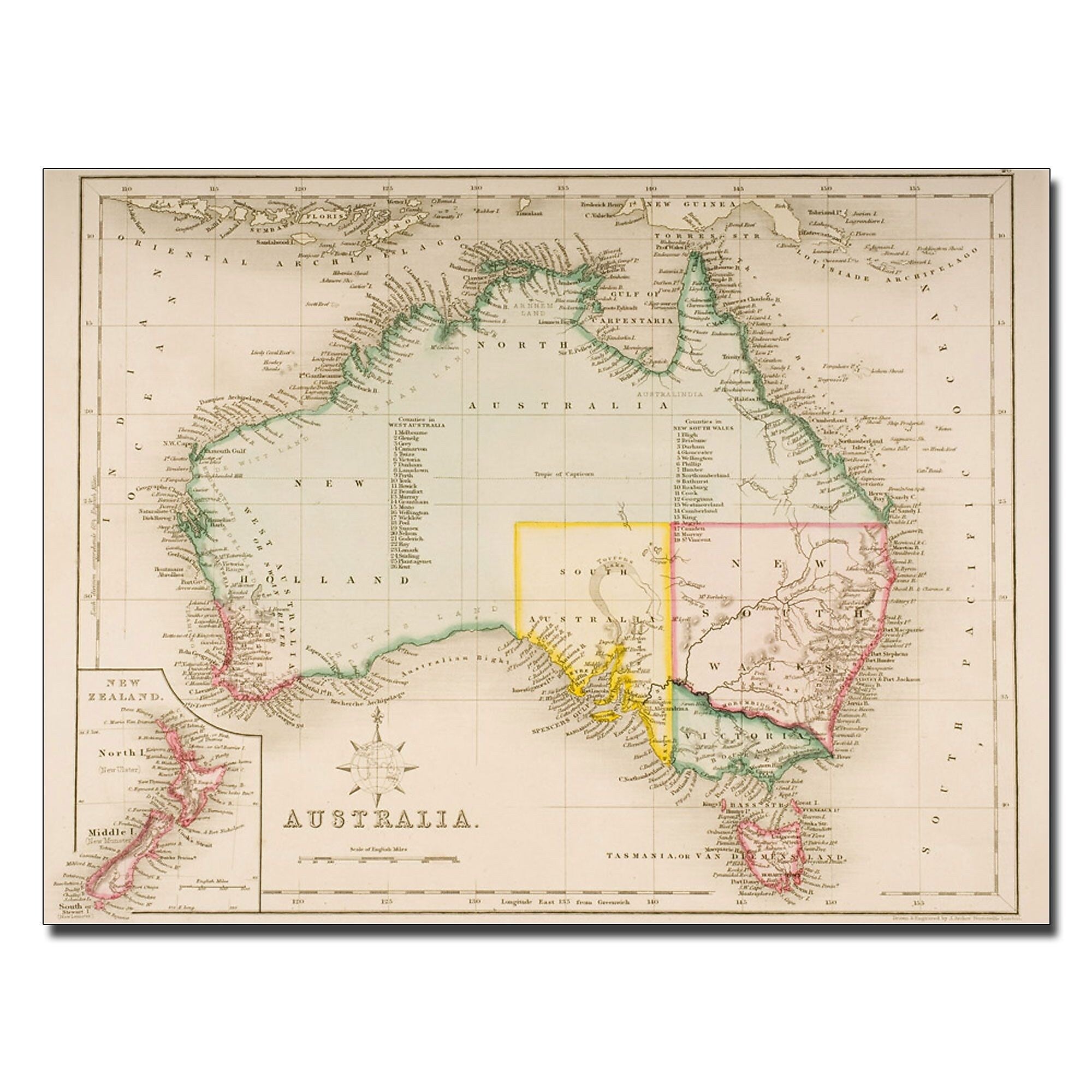 Trademark Fine Art J. Archer 'Map of Australia and New Zealand' Canvas Art 24x32 Inches