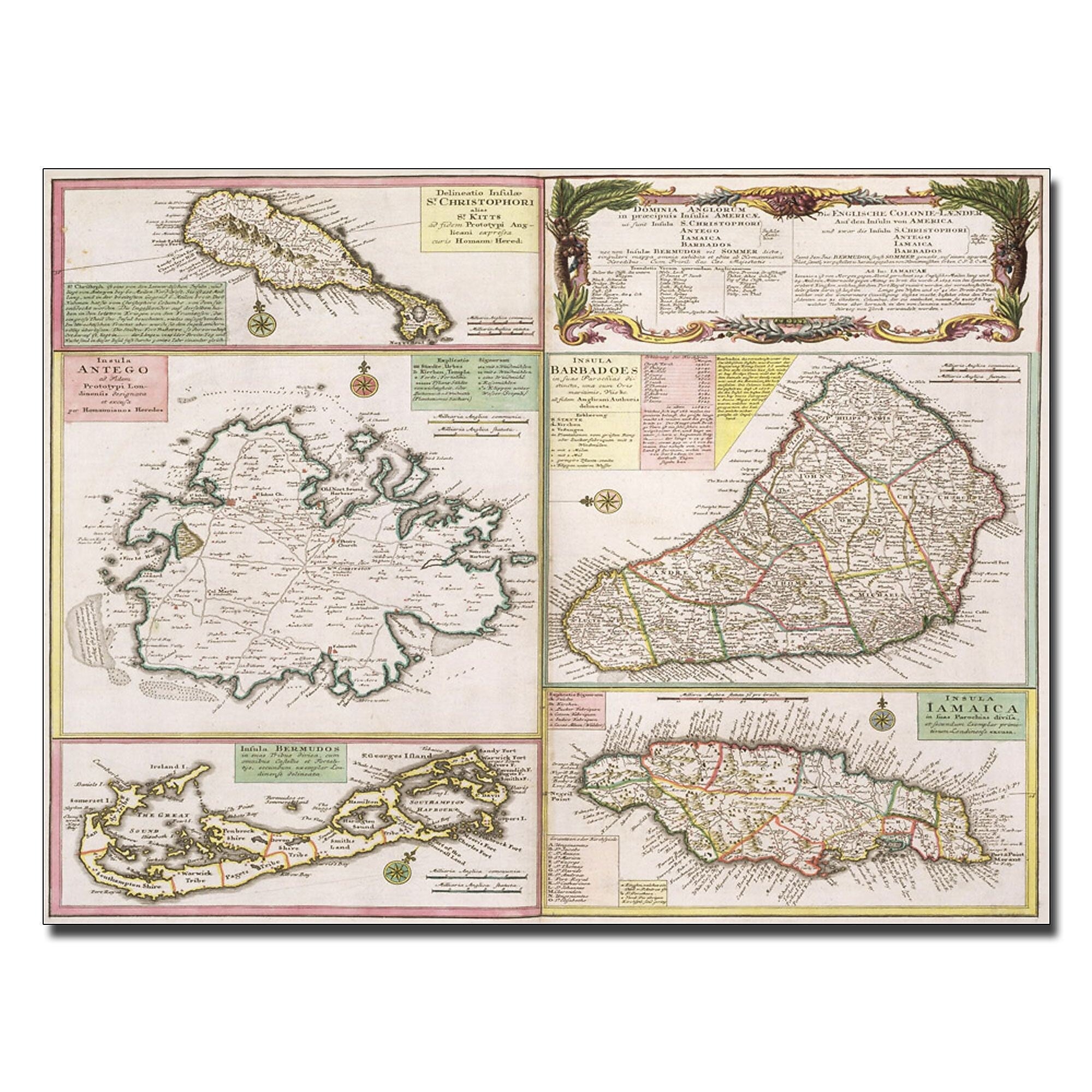 Trademark Fine Art Map of English Colonies in the Caribbean 1750' Canvas Art 14x19 Inches