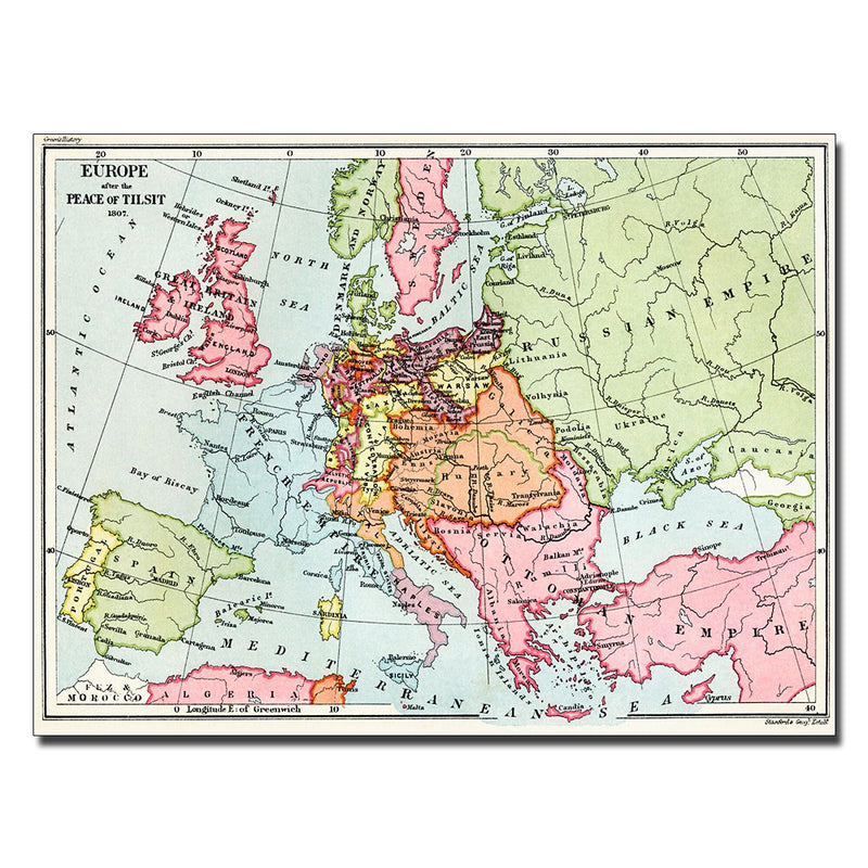 Trademark Fine Art Map of Europe After the Peace of Tilsit 1807' Canvas Art 14x19 Inches