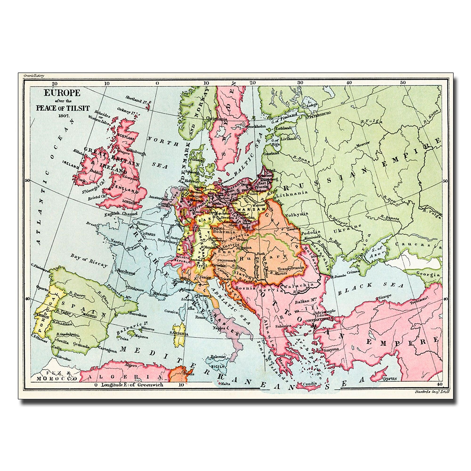 Trademark Fine Art Map of Europe After the Peace of Tilsit 1807' Canvas Art 18x24 Inches