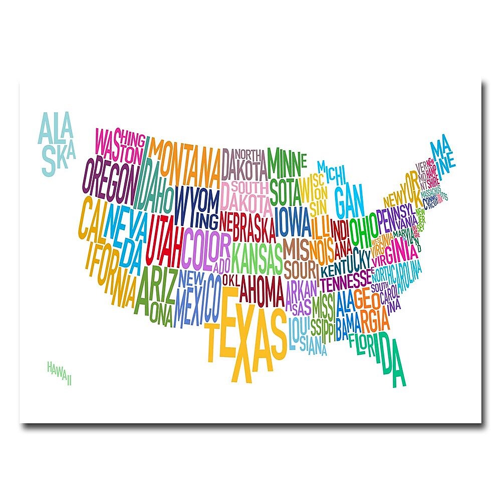 Trademark Fine Art Michael Tompsett 'US States Text Map' Canvas Art 22x32 Inches