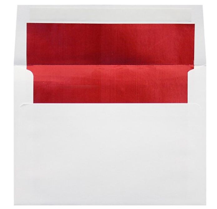 LUX A8 Foil Lined Invitation Envelopes (5 1/2 x 8 1/8) 50/Box, White w/Red LUX Lining (FLWH4885-01-50)