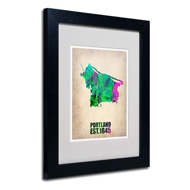 Trademark Fine Art 'Portland Watercolor Map' 11" x 14" Black Frame Art