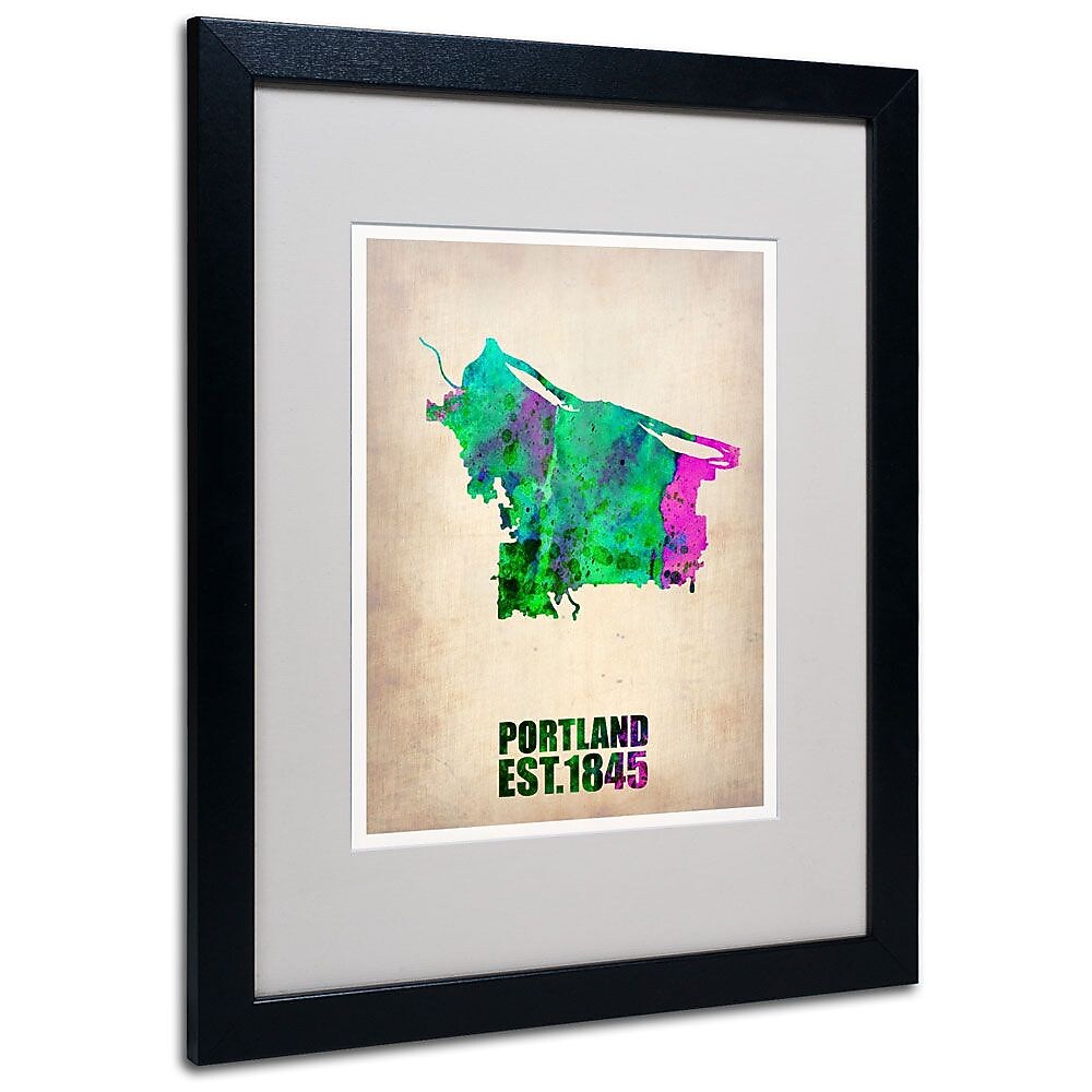 Trademark Fine Art 'Portland Watercolor Map' 16" x 20" Black Frame Art