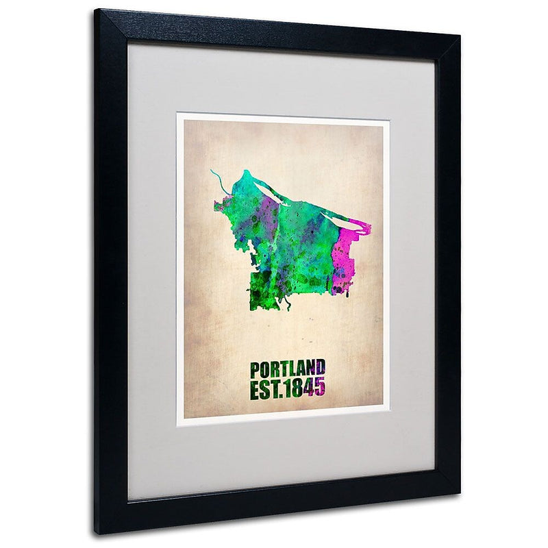Trademark Fine Art 'Portland Watercolor Map' 16" x 20" Black Frame Art