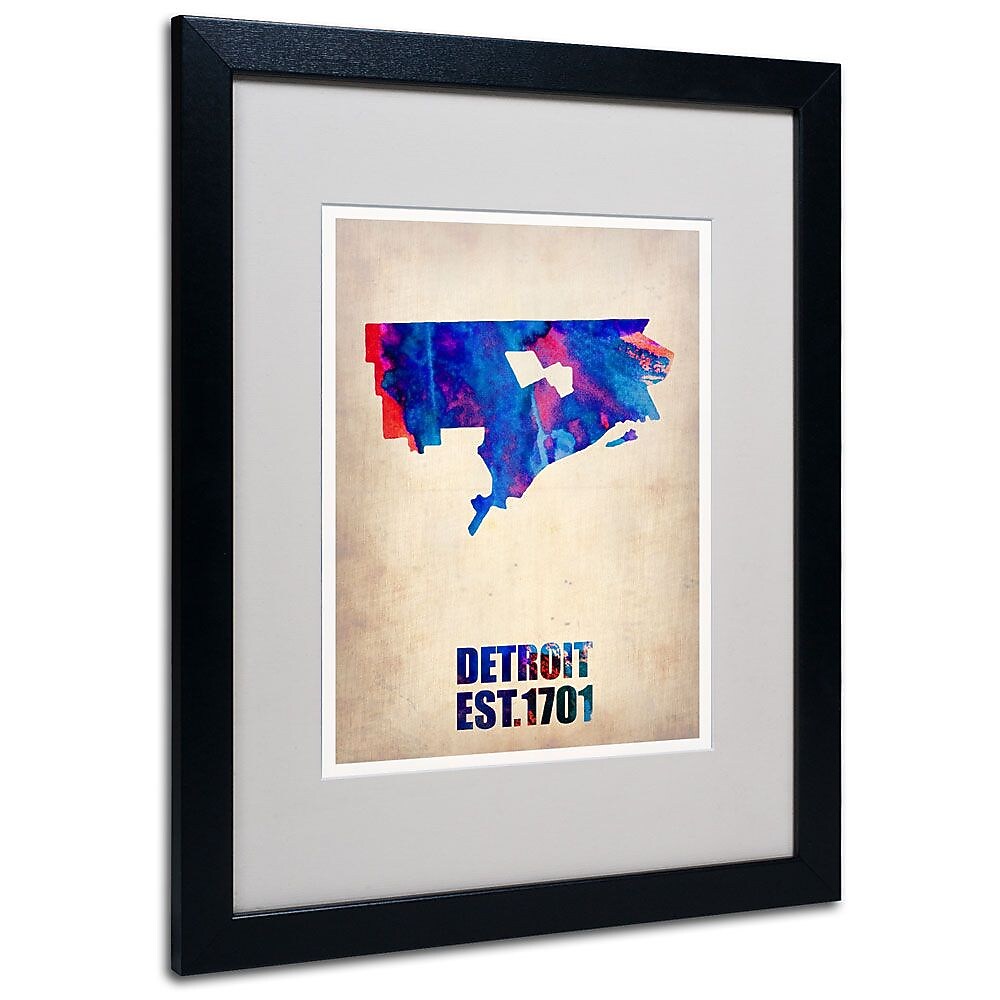 Trademark Fine Art 'Detroit Watercolor Map' 16" x 20" Black Frame Art