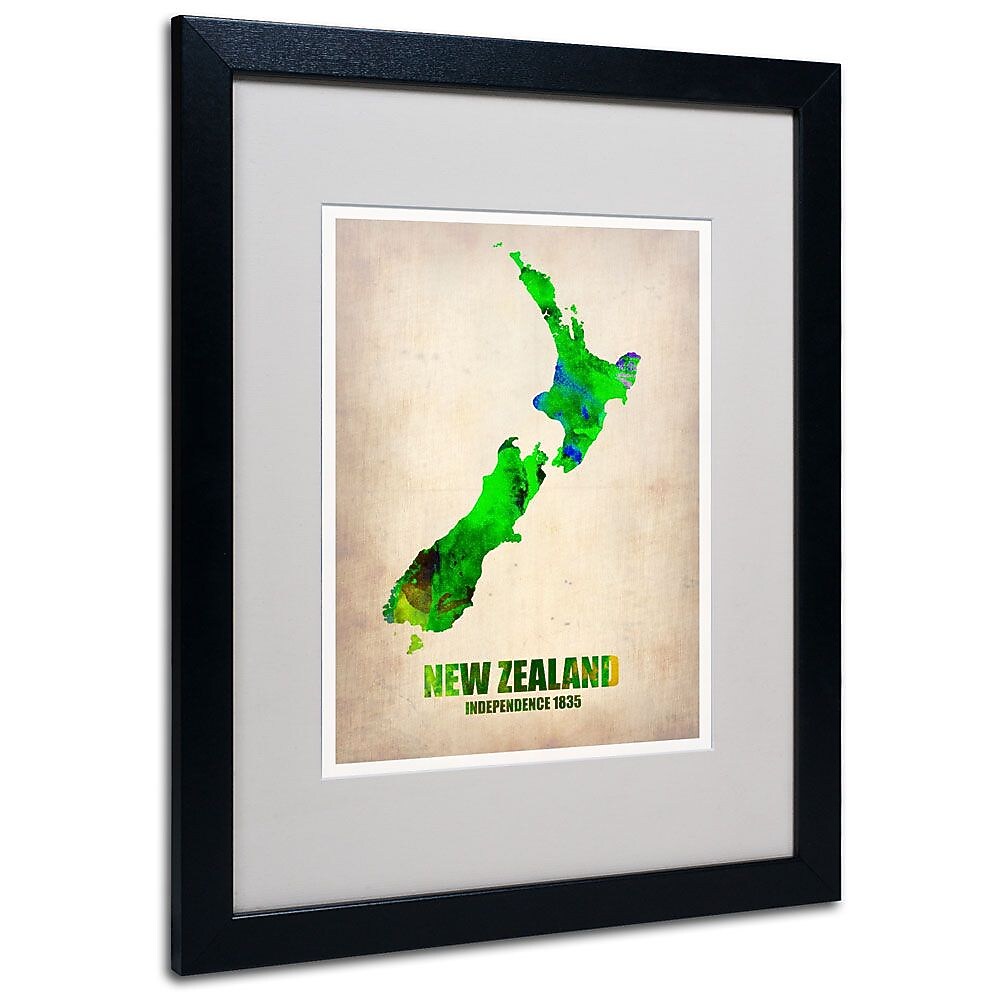 Trademark Fine Art 'New Zealand Watercolor Map' 16" x 20" Black Frame Art