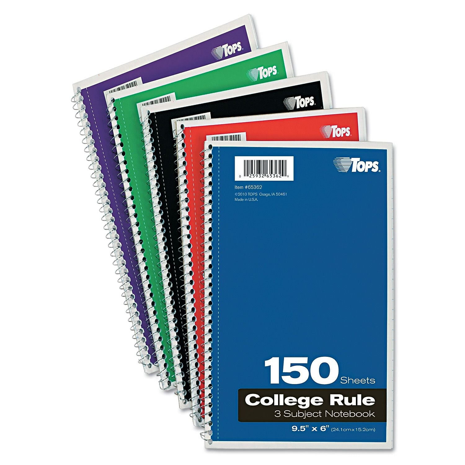 Oxford 3-Subject Notebook, 6" x 9 1/2", College Ruled, 150 Sheets, Assorted Colors, Each (65362)