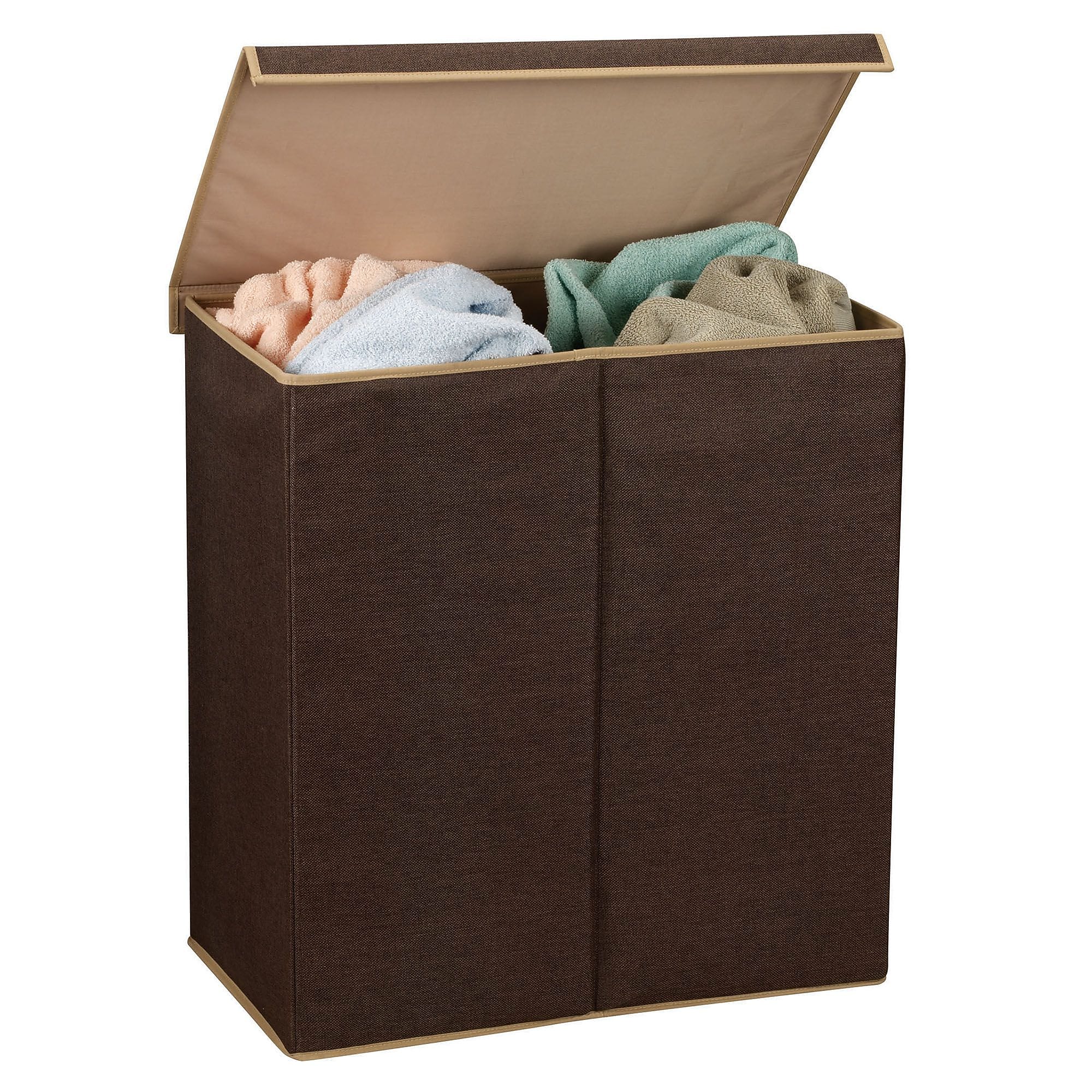 Household Essentials Collapsible Double Hamper with Lid, Poly, Dark Coffee Linen (5614)