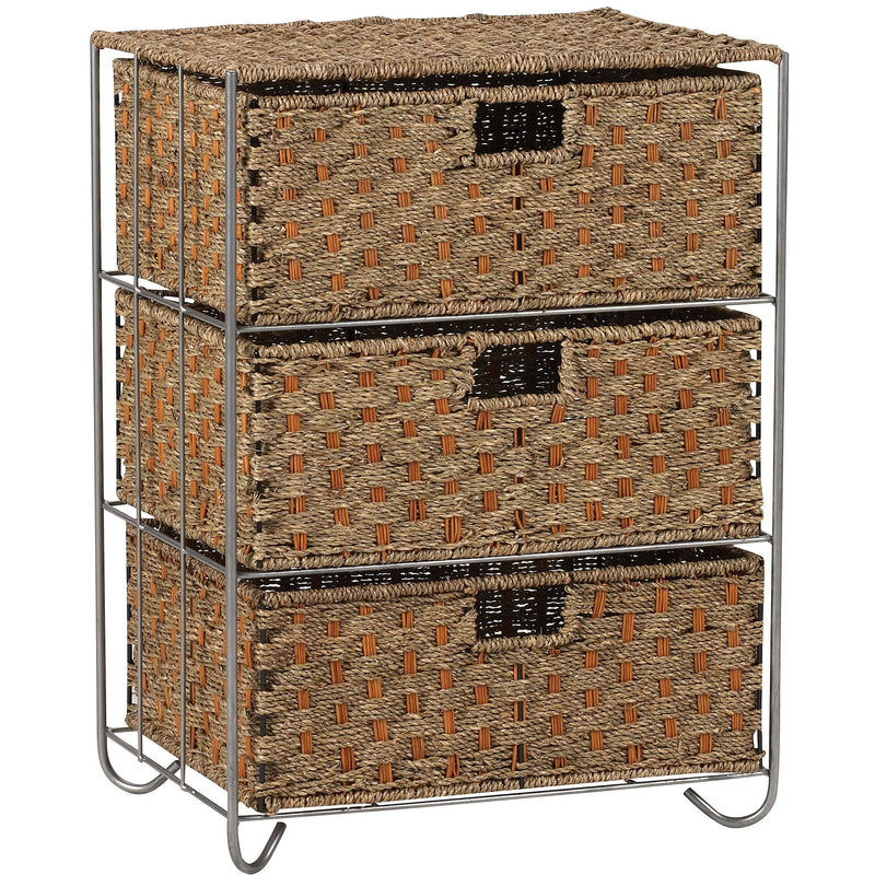 Household Essentials Woven Seagrass and Rattan Storage Unit Side Table With 3 Drawers, Brown/Tan (ML-5715)