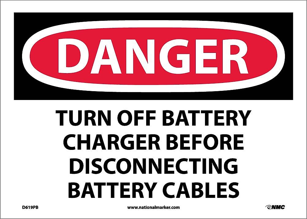 Danger Labels, Turn Off Battery Charger Before Disconnecting Battery Cables, 10" x 14", Adhesive Vinyl